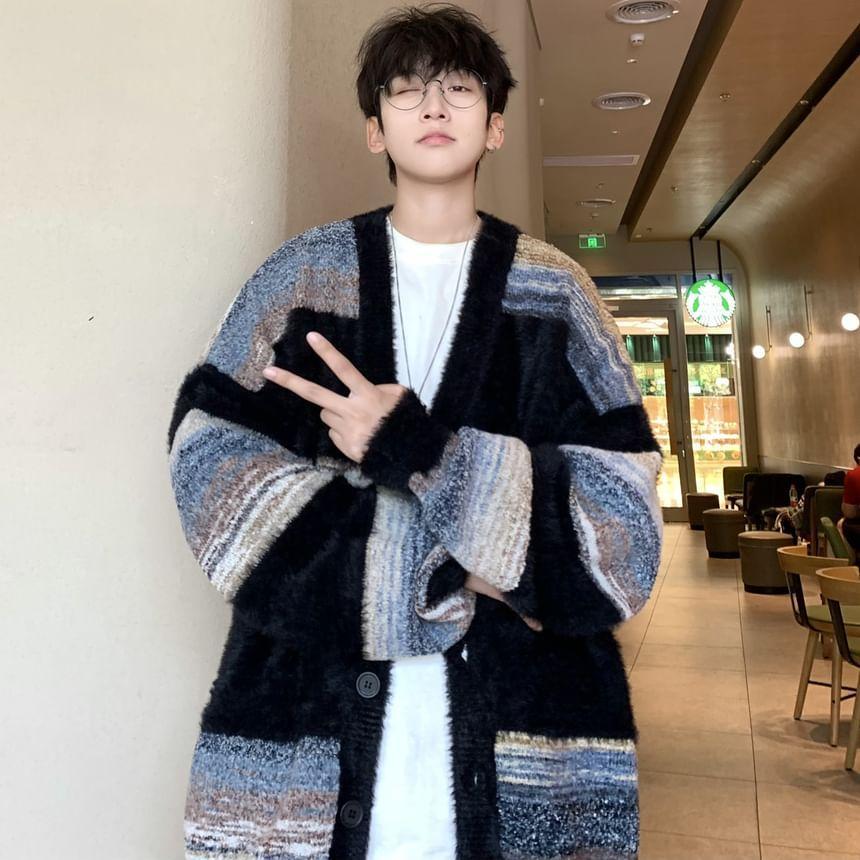 V-Neck Striped Button-Up Cardigan Product Image