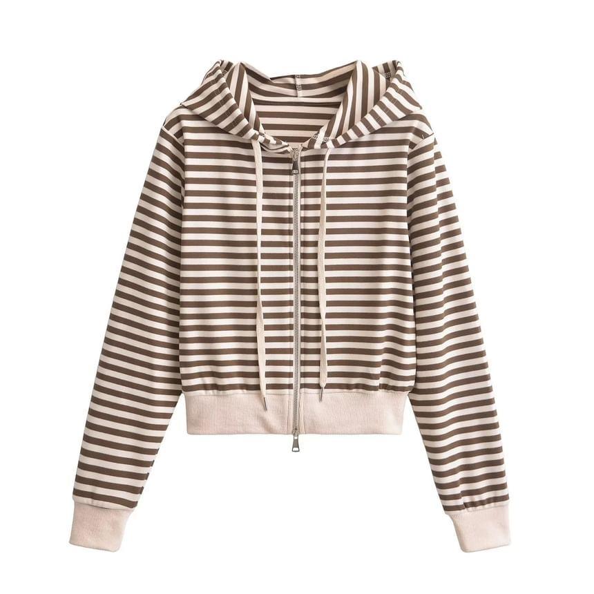 Drawstring Striped Zip Cropped Hoodie Product Image