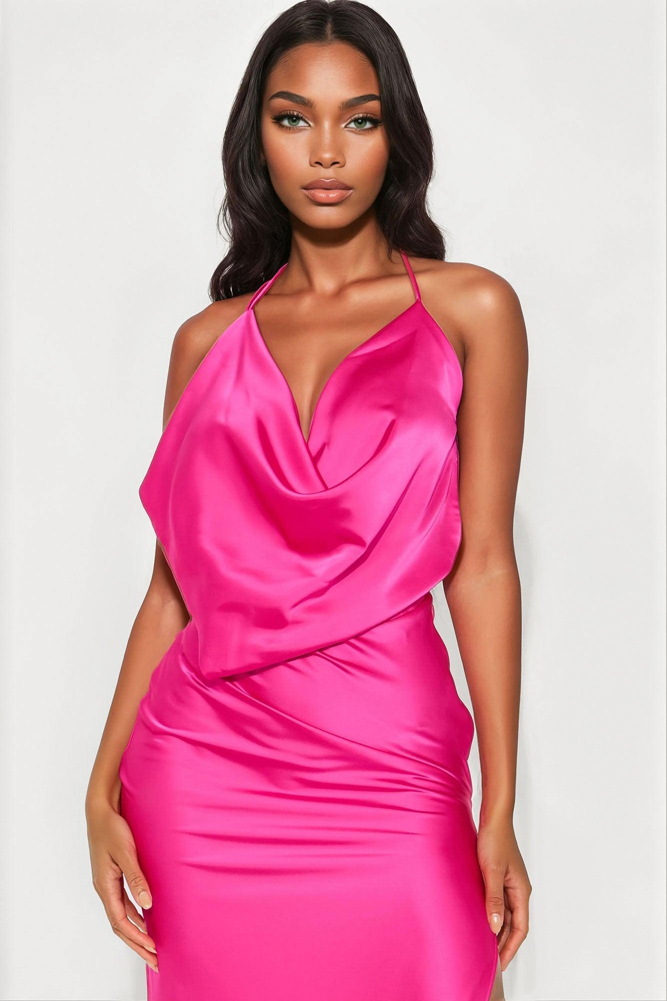 Sunset Satin Backless Maxi Dress - Fuchsia Product Image