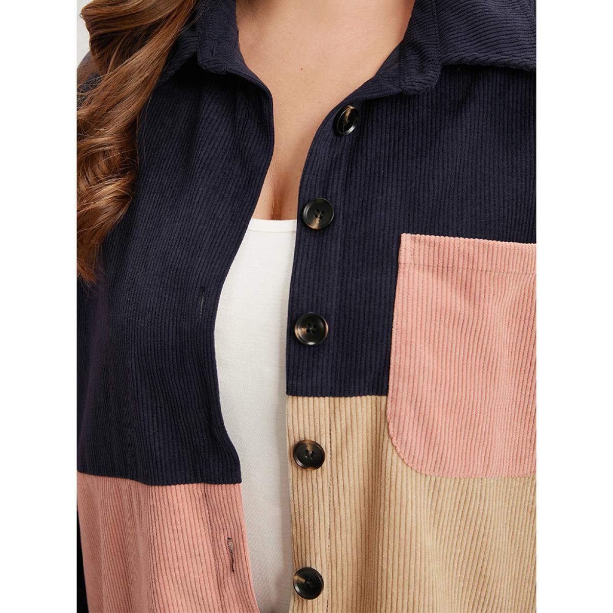 Plus Size Colorblock Contrast Patchwork Pocket Button Through Jacket Women DarkBlue Pocket Dailywear Jackets BloomChic 30/6X Product Image