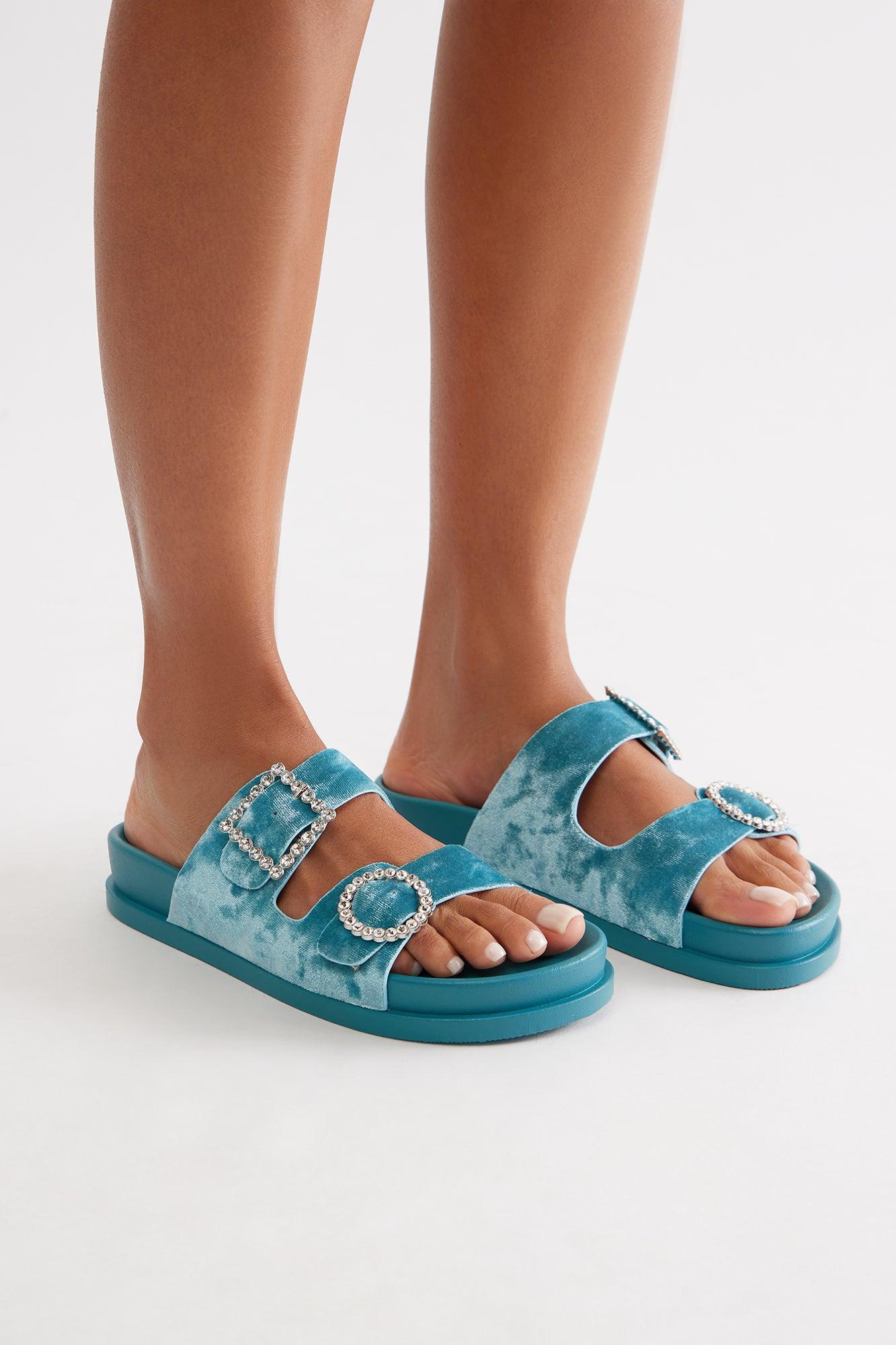 Ivona Rhinestone Buckle Velvet Sandals - Blue Product Image
