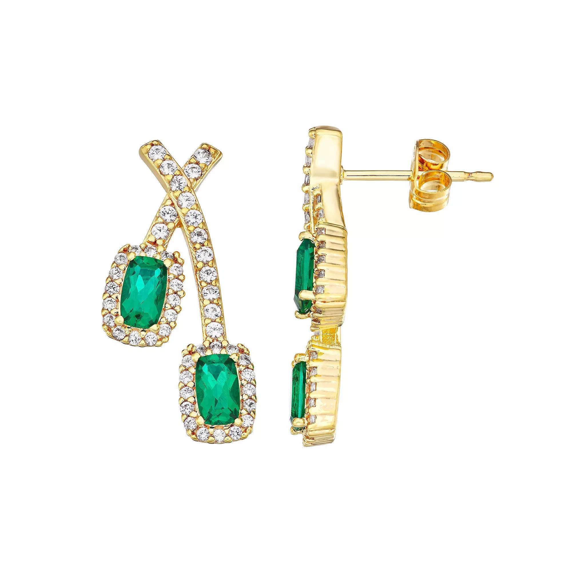 14k Gold Over Silver Lab-Created Emerald & White Sapphire Stud Earrings, Women's, Gold Tone Product Image