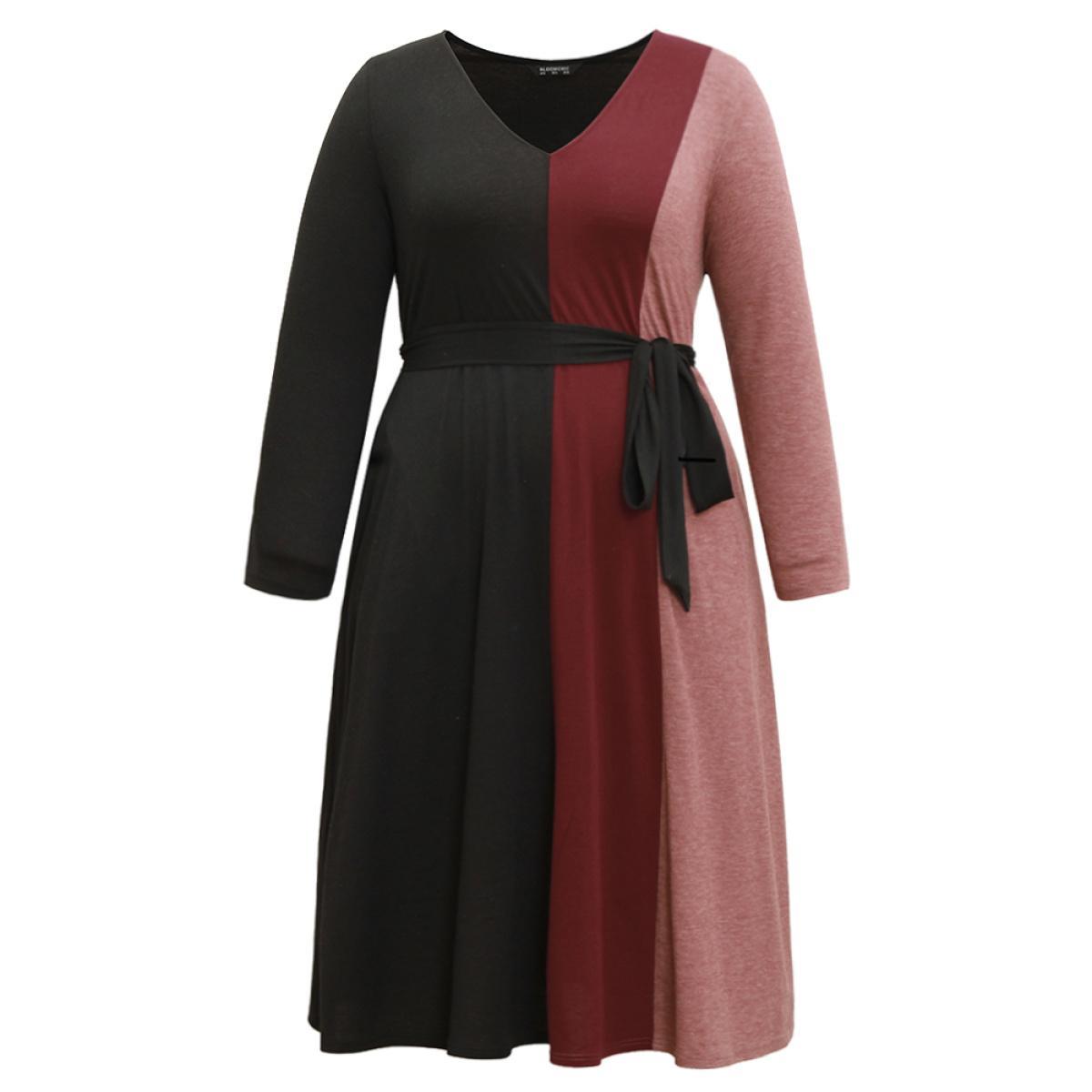 Plus Size Colorblock Patchwork Belted Pocket Long Sleeve Dress Multicolor Women Casual Belted V-neck Long Sleeve Curvy Midi Dress BloomChic 12/L Product Image