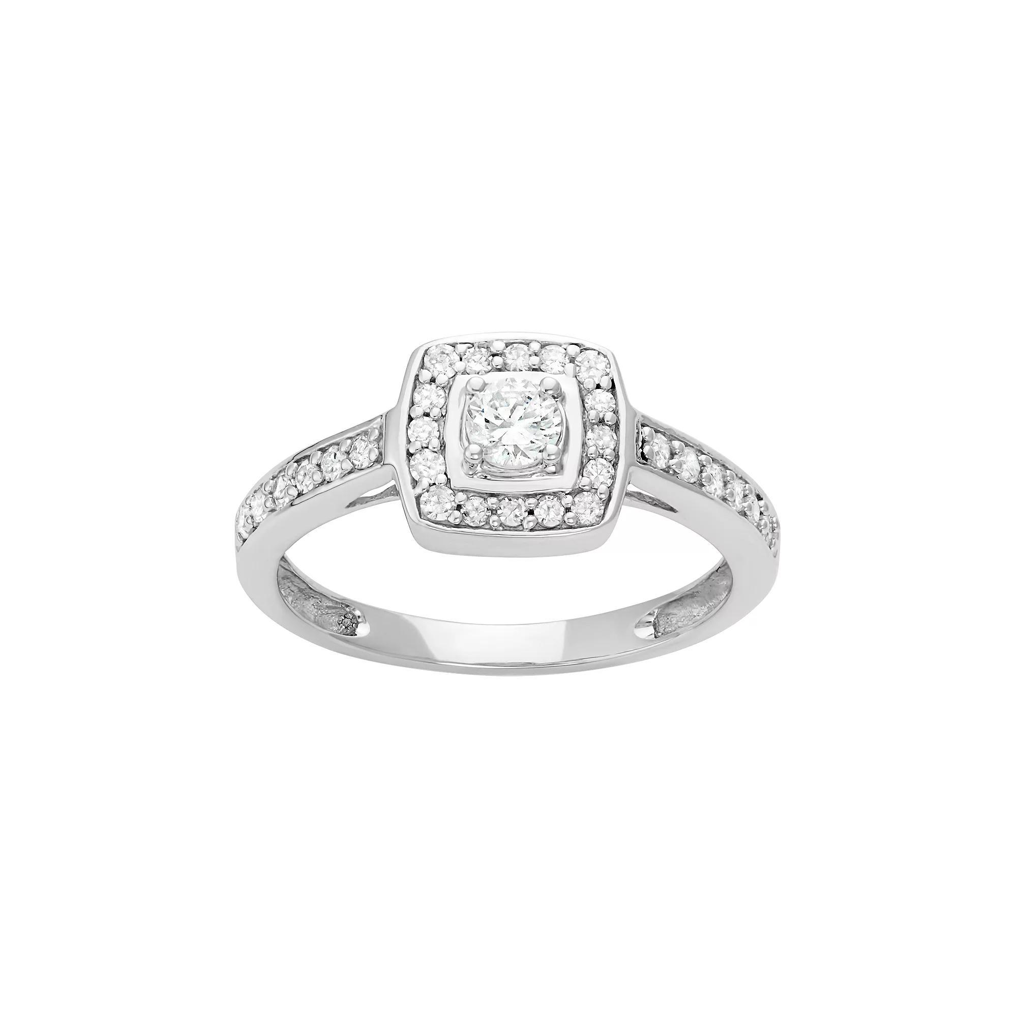 14k White Gold 1/2 Carat T.W. Diamond Square Halo Engagement Ring, Women's, Size: 8 Product Image