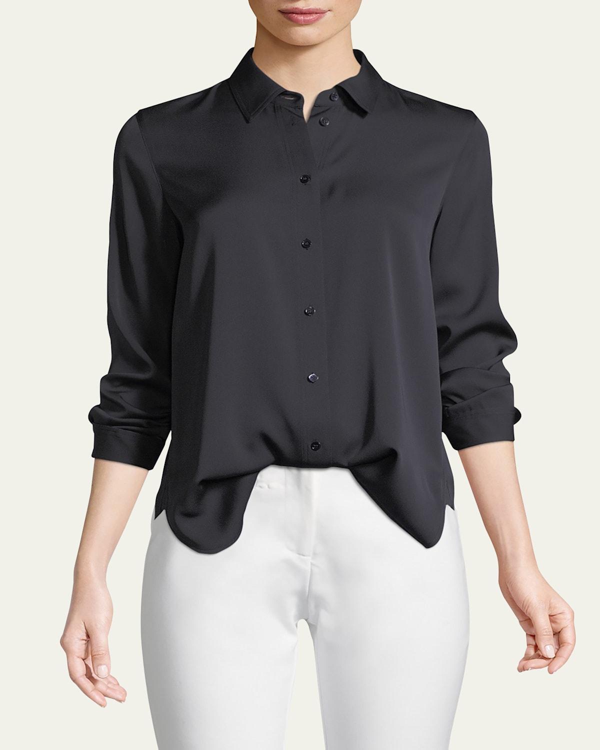 Slim-Fit Long-Sleeve Stretch-Silk Blouse Product Image