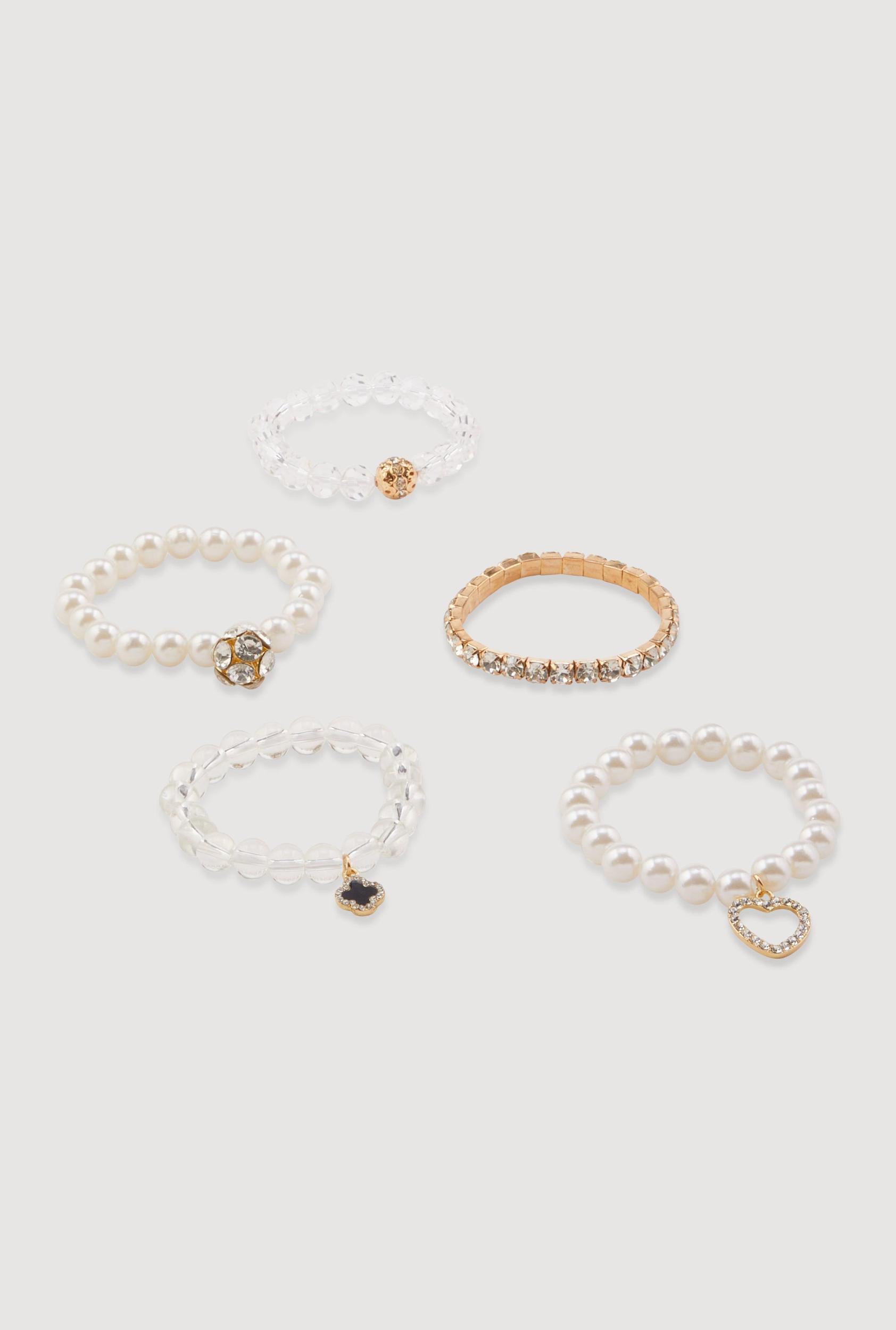 Assorted Faux Pearl Beaded Charm Stretch Bracelets Set of 5 Female Product Image