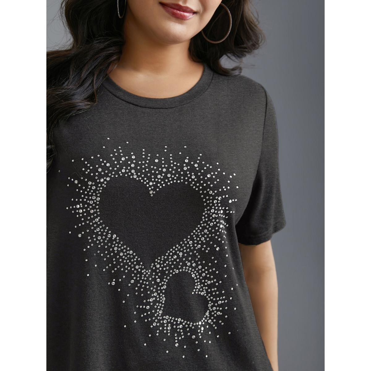 Plus Size Crew Neck Rhinestone Heart T-Shirt DarkBlue Women Casual Rhinestone detailing Round Neck Everyday T-shirts BloomChic 18-20/2X Product Image