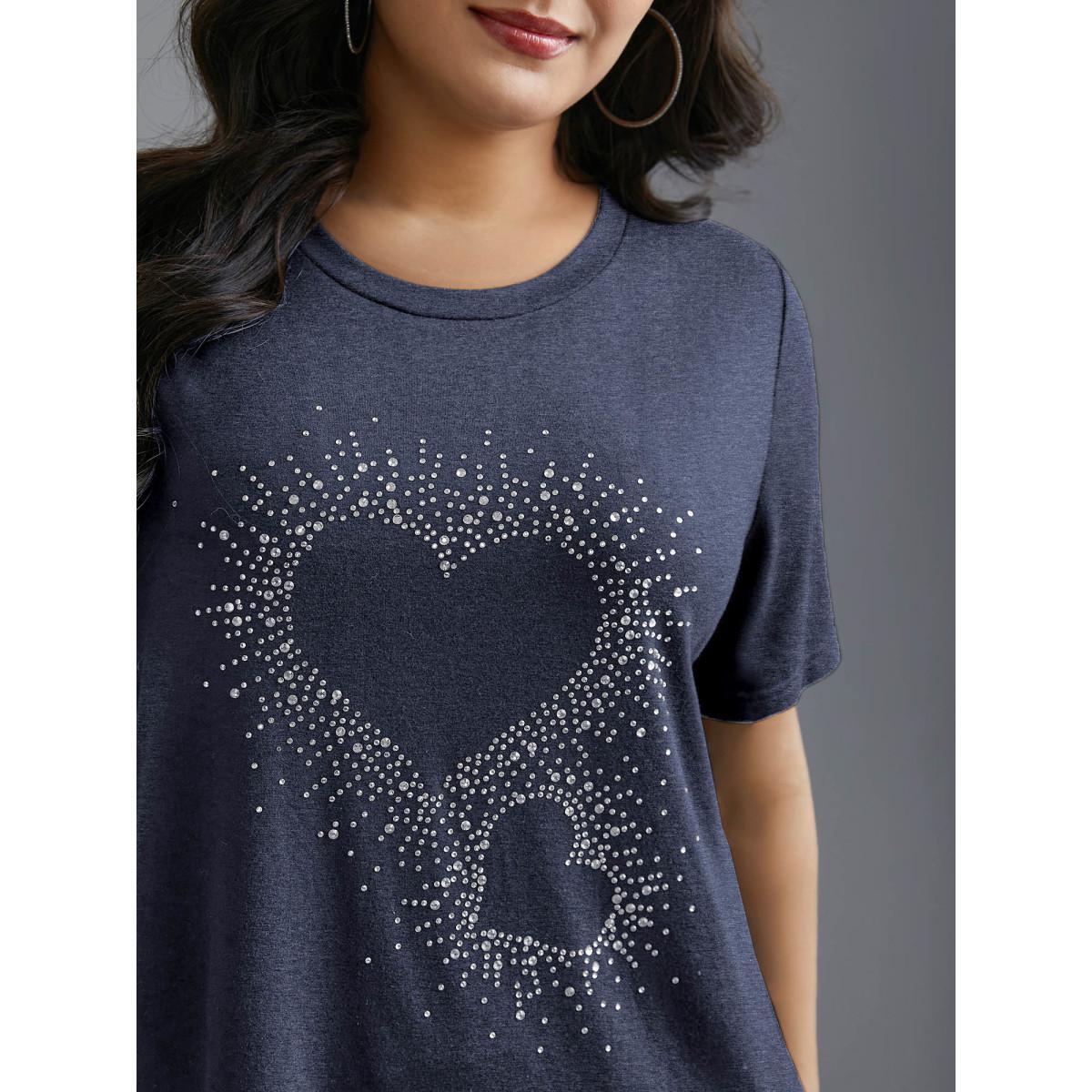 Plus Size Crew Neck Rhinestone Heart T-Shirt DarkBlue Women Casual Rhinestone detailing Round Neck Everyday T-shirts BloomChic 18-20/2X Product Image