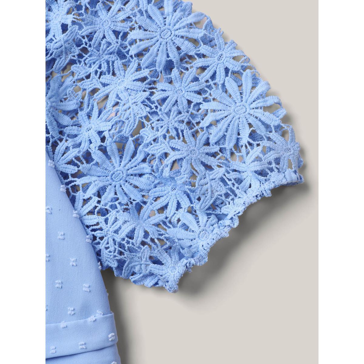 Plus Size Textured Lace Sleeve Stretchy Waist Midi Dress Skyblue Women Elegant Woven ribbon&lace trim Square Neck Short sleeve Curvy BloomChic 22-24/3X Product Image