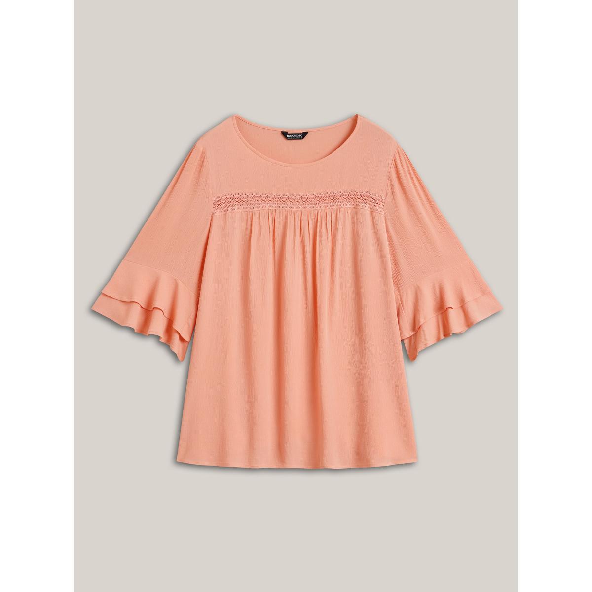 Plus Size Coral Lotus Leaf Edge Lace Spliced Shirt Women At the Office Elbow-length sleeve Round Neck Work Blouses BloomChic 18-20/2X Product Image