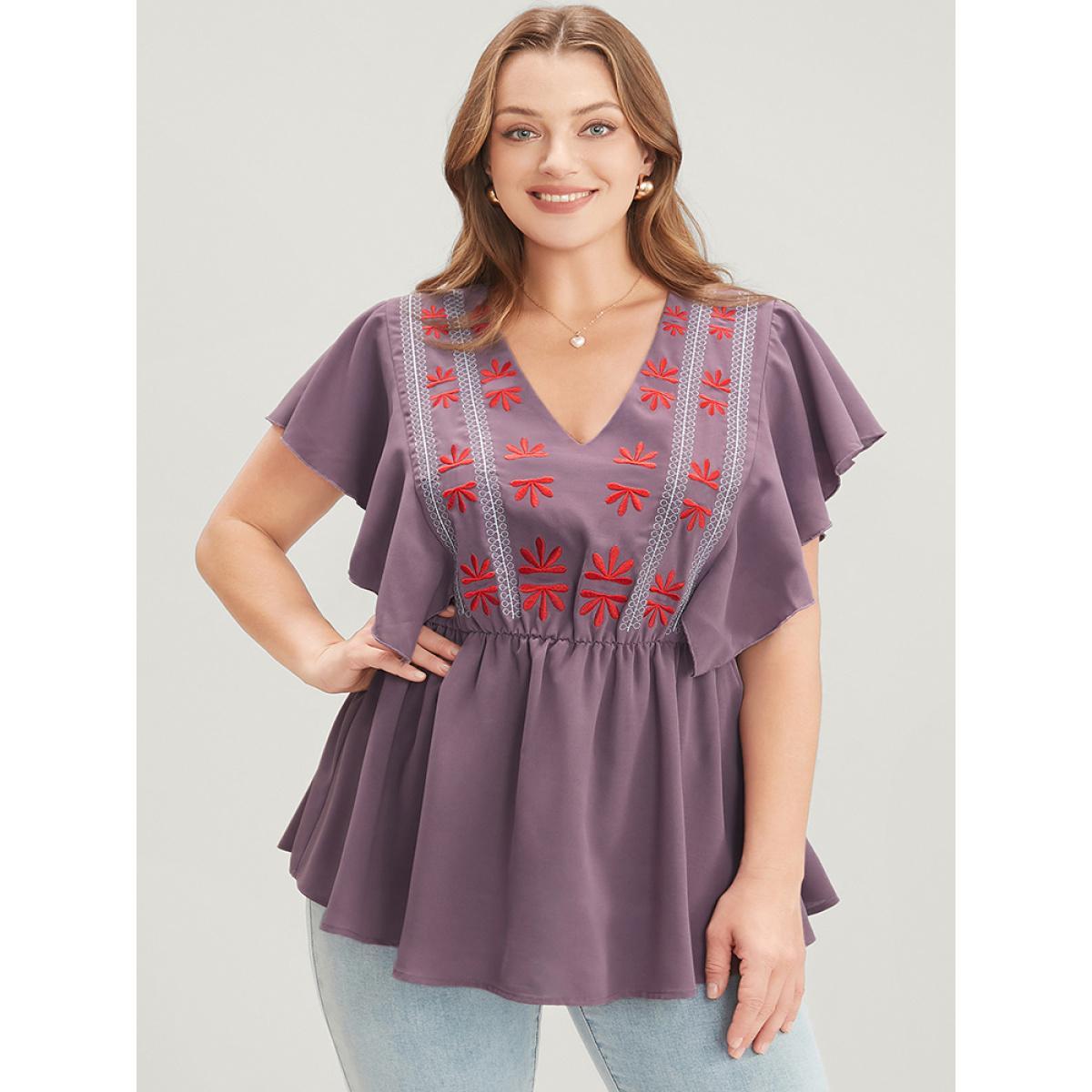 Plus Size Mauve Floral Embroidered V Neck Ruffle Sleeve Blouse Women Vacation Short sleeve V-neck Dailywear Blouses BloomChic 22-24/3X Product Image