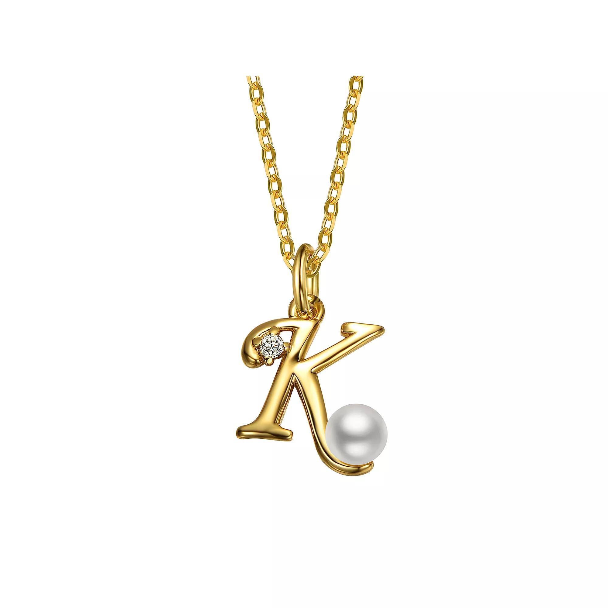14k Gold Plated Simulated Pearl Initial Pendant Necklace, Womens Product Image