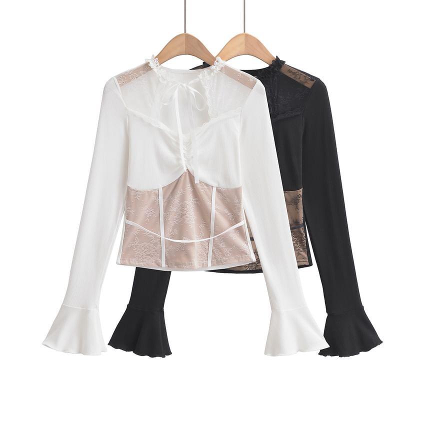 Long-Sleeve Lace Panel Ruched Tie Front Slim Fit Crop Top Product Image
