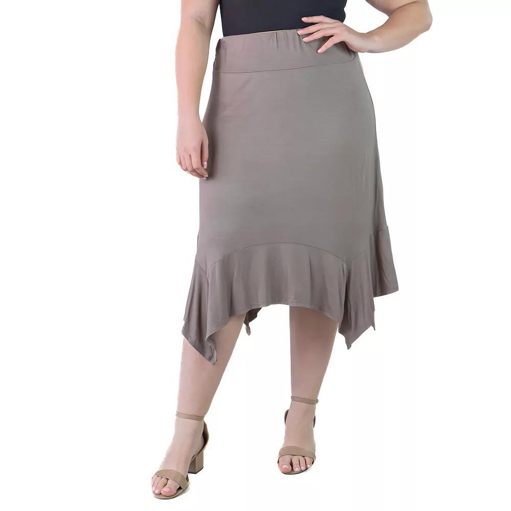 Plus Size 24Seven Comfort Apparel Solid Elastic Waist Handkerchief Midi Skirt, Women's, Size: 2XL, Brown Product Image