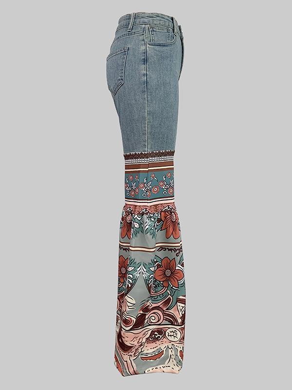 Flared Pants Floral Printed High-Waisted Pockets Jean Pants Bottoms Product Image