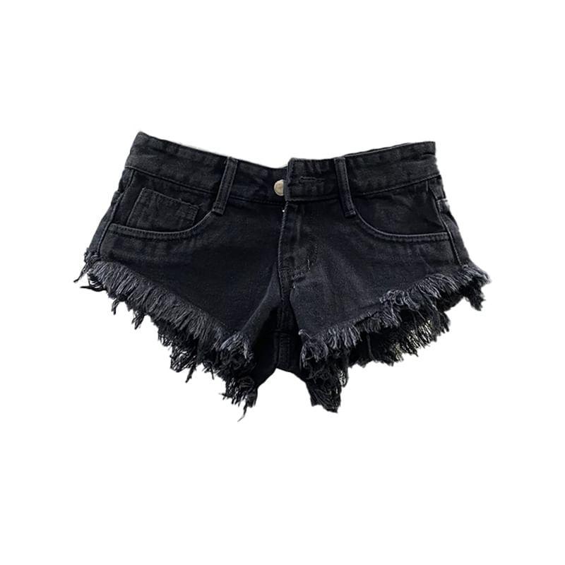 Low Rise Washed Distressed Denim Shorts Product Image