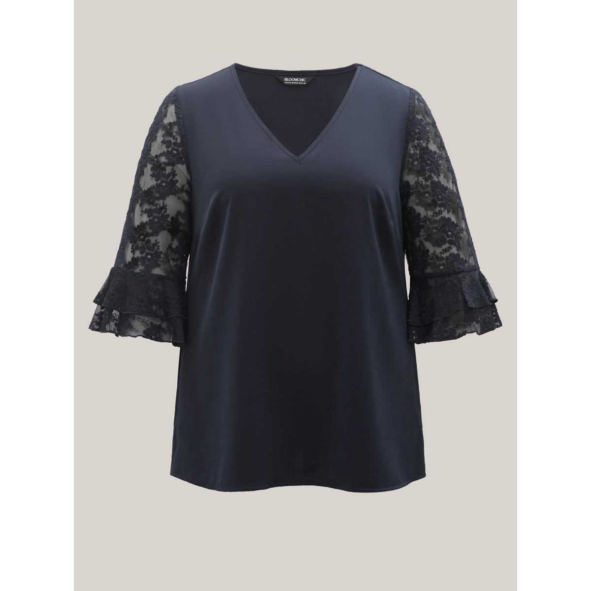 Plus Size Indigo Sheer Textured Sleeve V-Neck Blouse Women Elbow-length sleeve V-neck Everyday-Elegant Blouses BloomChic 12/L Product Image