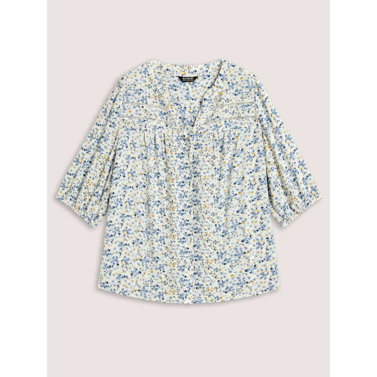 Plus Size Multicolor Floral Print Lace Trim Flowy Blouse Women Elbow-length sleeve Notched collar Everyday-Elegant Blouses BloomChic 10/M Product Image