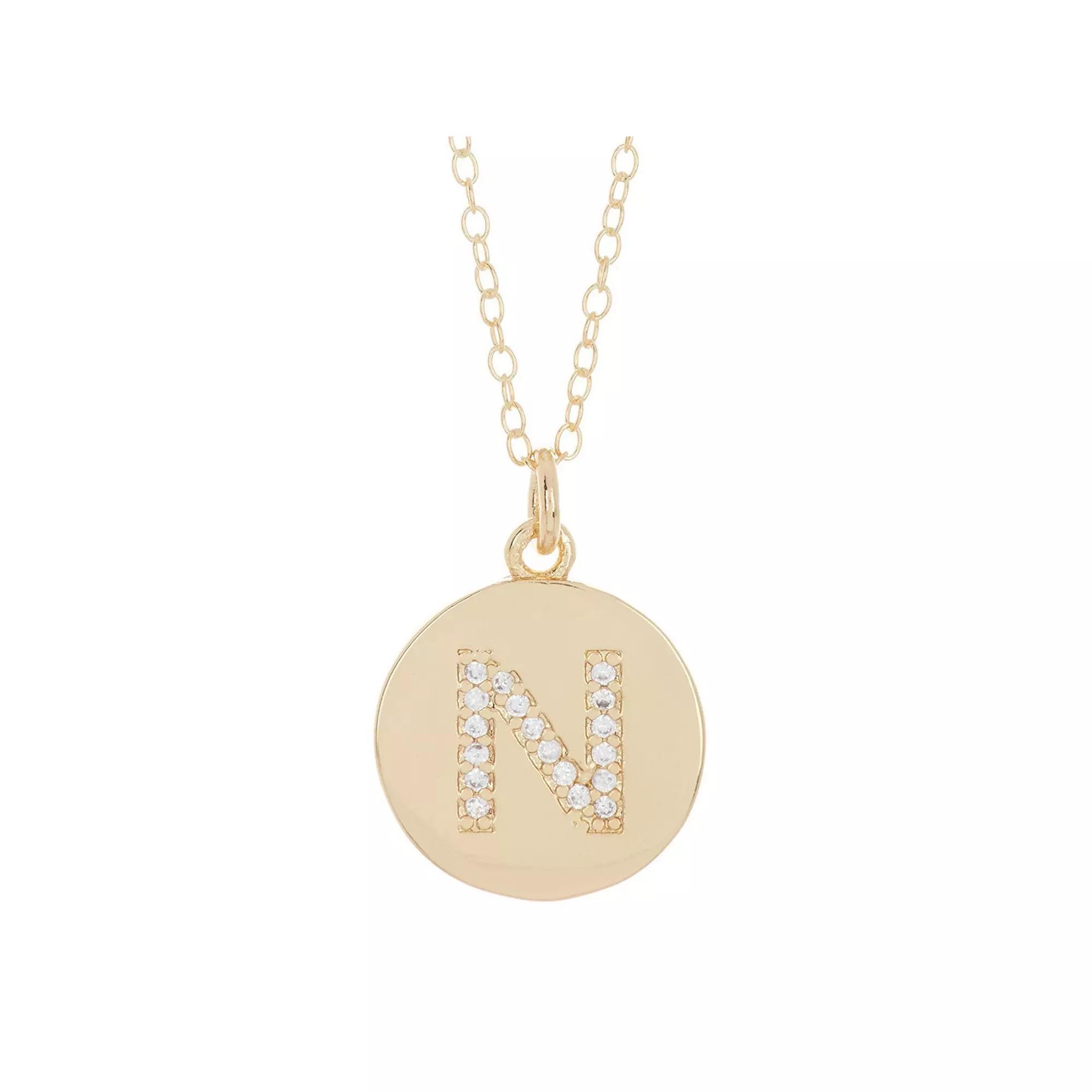 Adornia 14k Gold Plated Cubic Zirconia Engraved Letter Disc Pendant Necklace, Women's, Size: 18", Gold Tone T Product Image