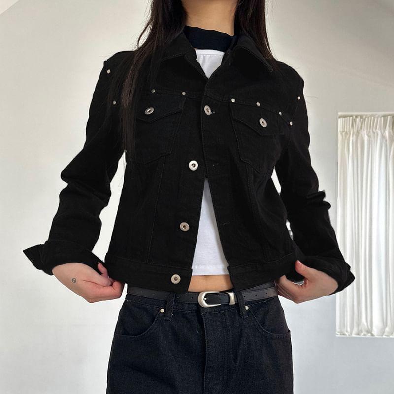 Long Sleeve Studded Denim Jacket Product Image