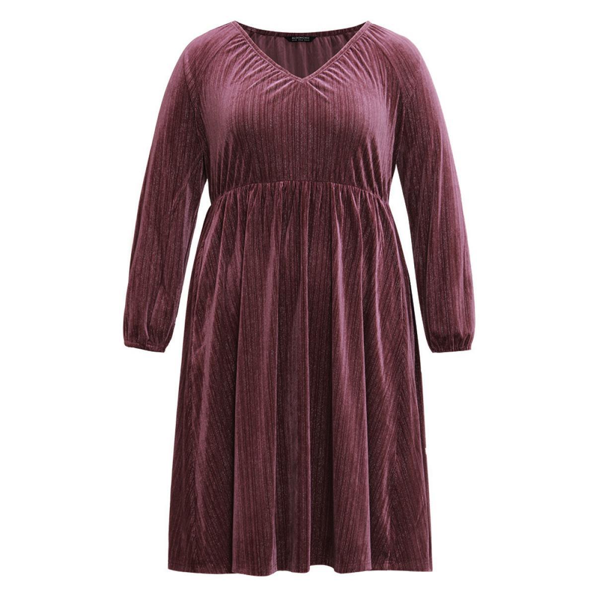 Plus Size Plain Velvet Gathered Elastic Waist Dress DustyPink Women Vacation Elastic cuffs V-neck Long Sleeve Curvy Midi Dress BloomChic 28/5X Product Image