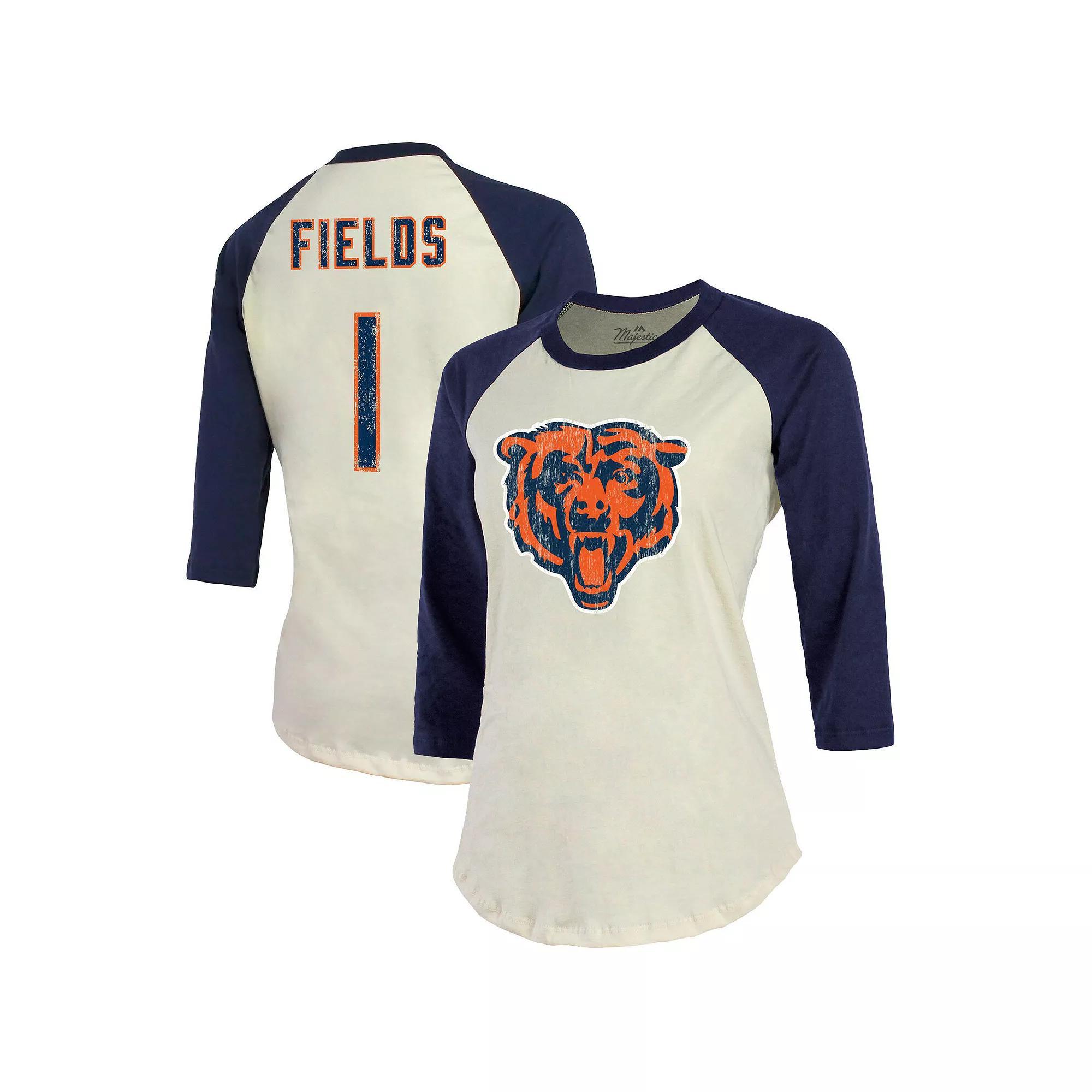 Women's Fanatics Branded Justin Fields Cream/Navy Chicago Bears Player Name & Number Raglan 3/4-Sleeve T-Shirt, Size: Small, Beige Product Image