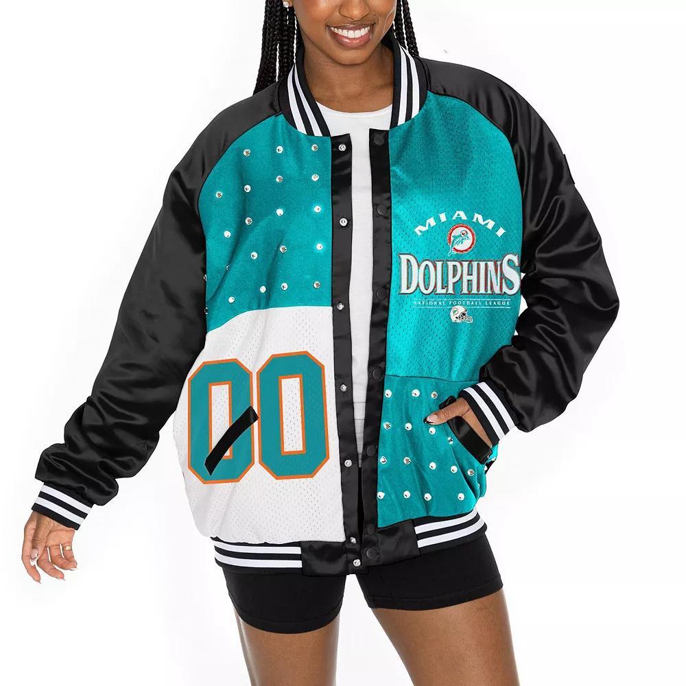 Women's Gameday Couture  Black/Aqua Miami Dolphins Oversized Hot Shot Rhinestone Throwback Full-Snap Varsity Bomber Jacket, Size: Large Product Image