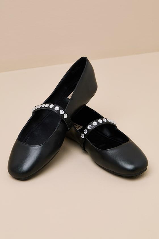 Karolin Black Leather Rhinestone Ballet Flats Product Image