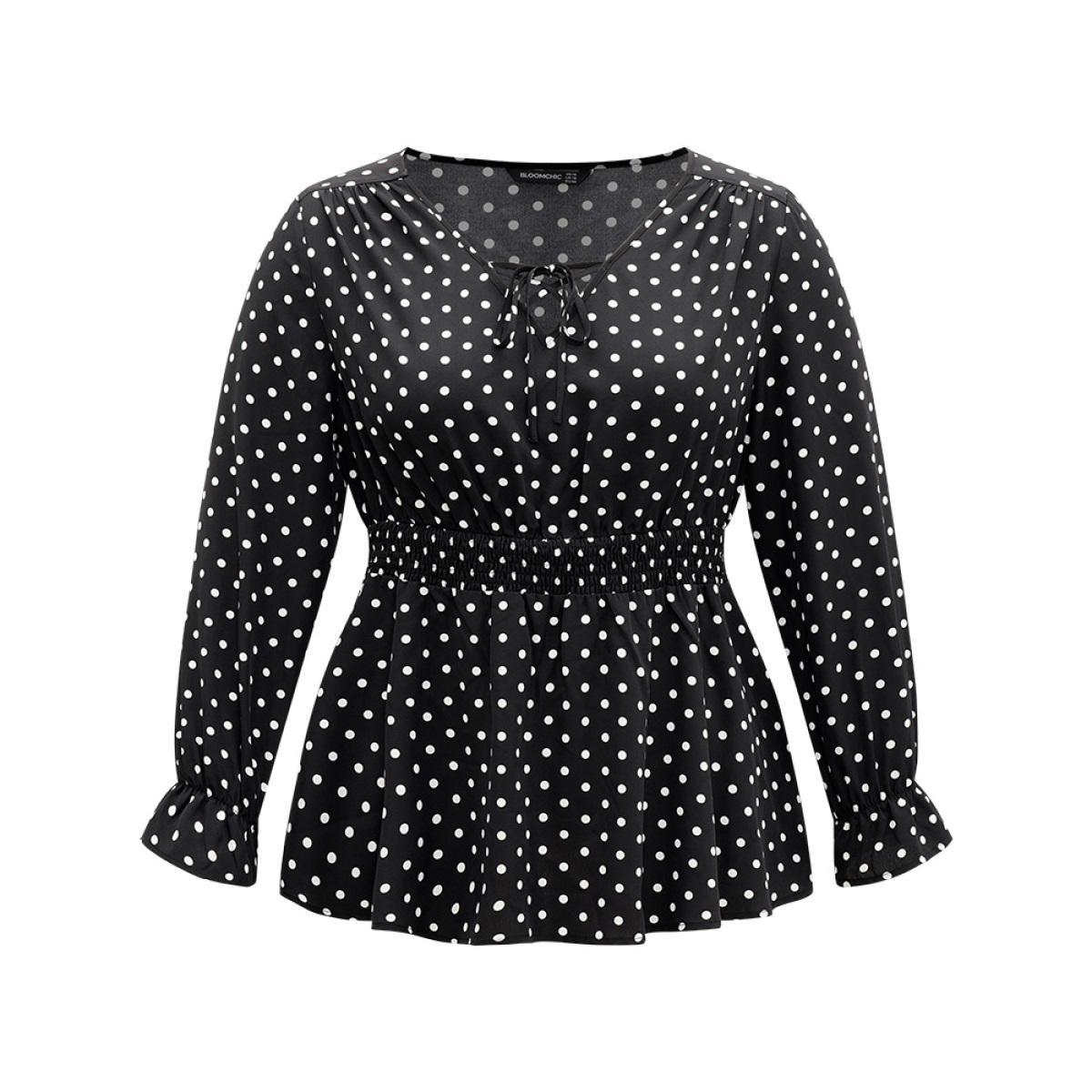 Plus Size Black Polka Dot Lace Up Shirred Flutters Blouse Women Office Long Sleeve V-neck Work Blouses BloomChic 26/4X Product Image