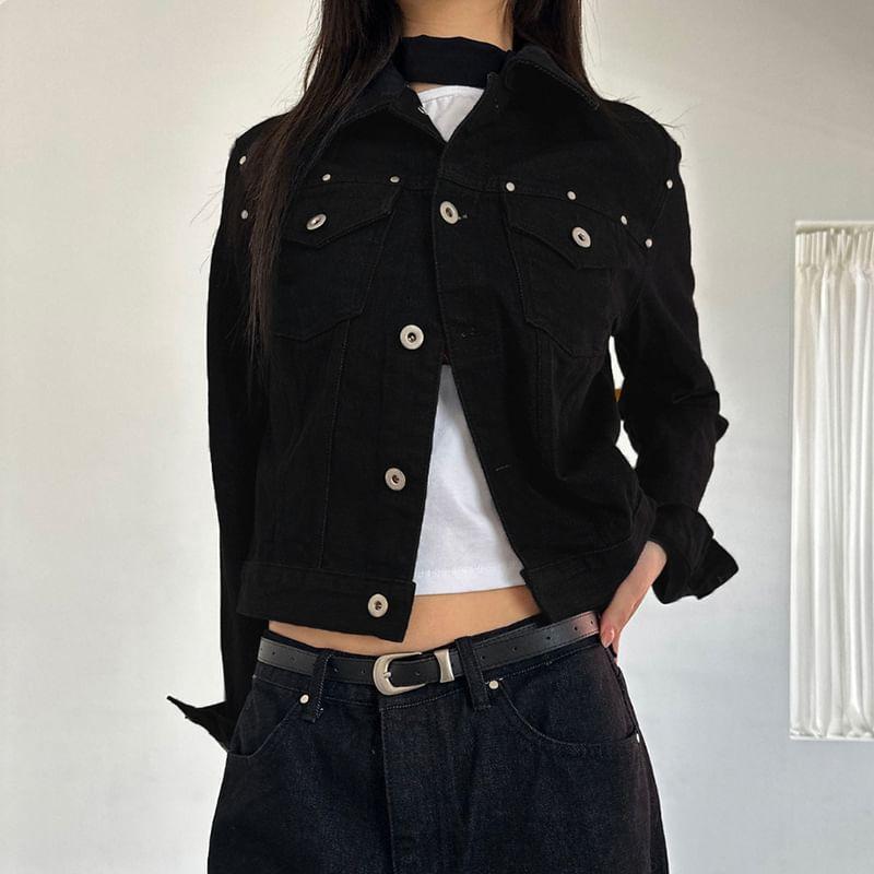 Long Sleeve Studded Denim Jacket Product Image