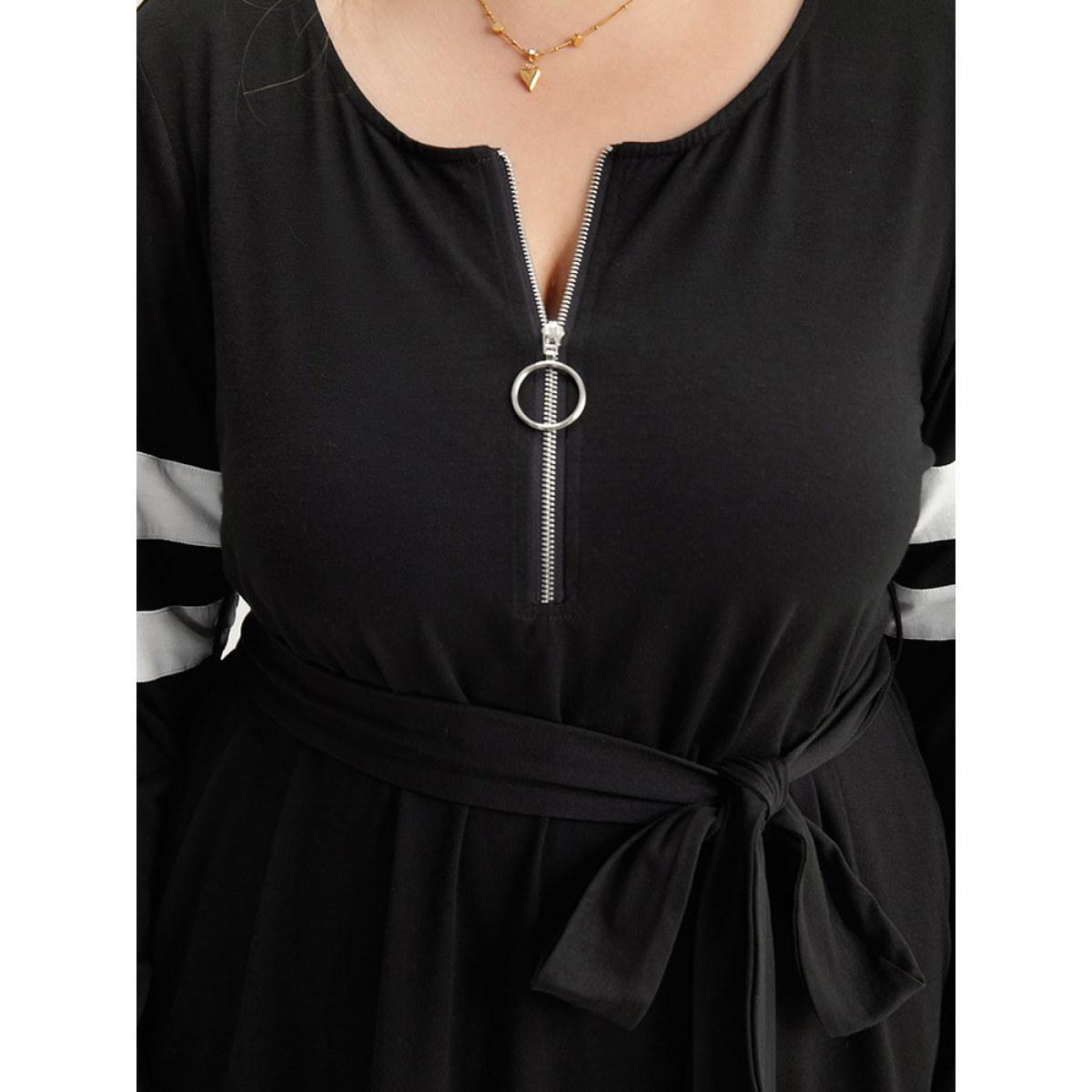 Plus Size Colorblock Patchwork Zipper Belted Dress Black Women Casual Belted Round Neck Long Sleeve Curvy Midi Dress BloomChic 10/M Product Image