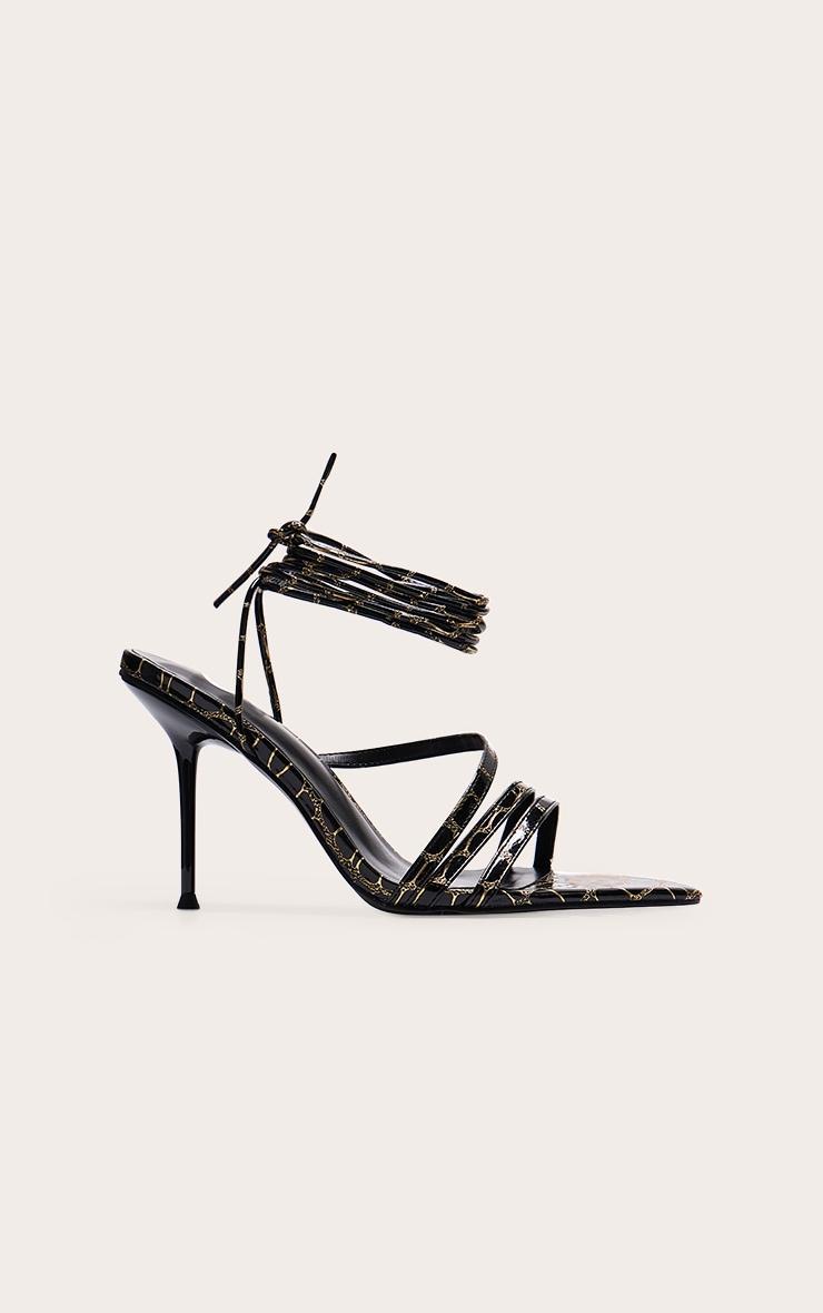 Black Contrast Croc Pu Point Toe Lace Up Heeled Sandals Product Image