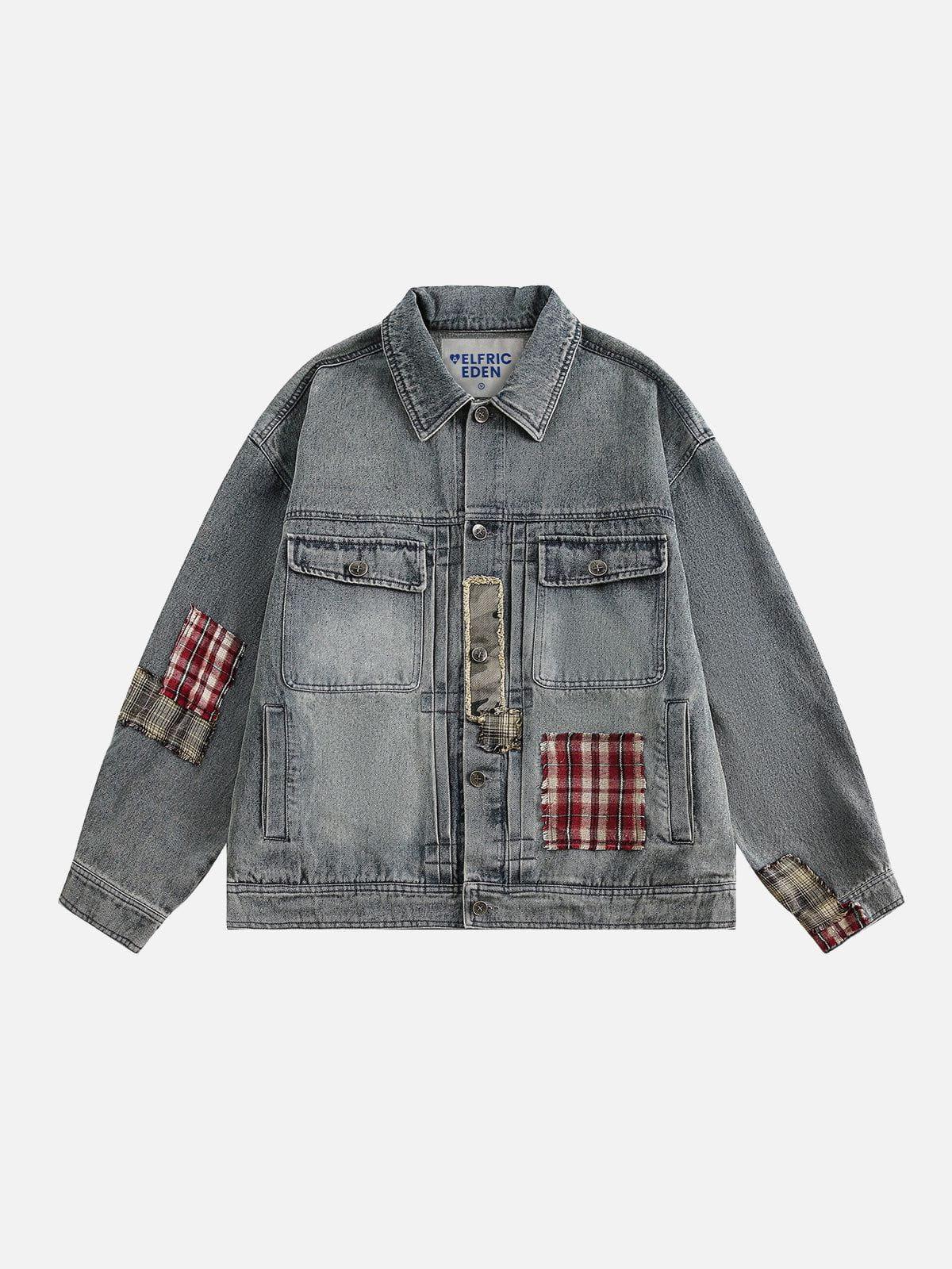 Aelfric Eden Plaid Patchwork Washed Denim Jacket Product Image