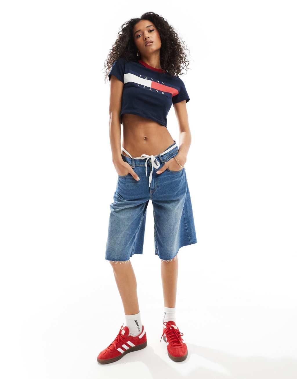 Tommy Jeans slim ringer t-shirt with block flag in navy Product Image