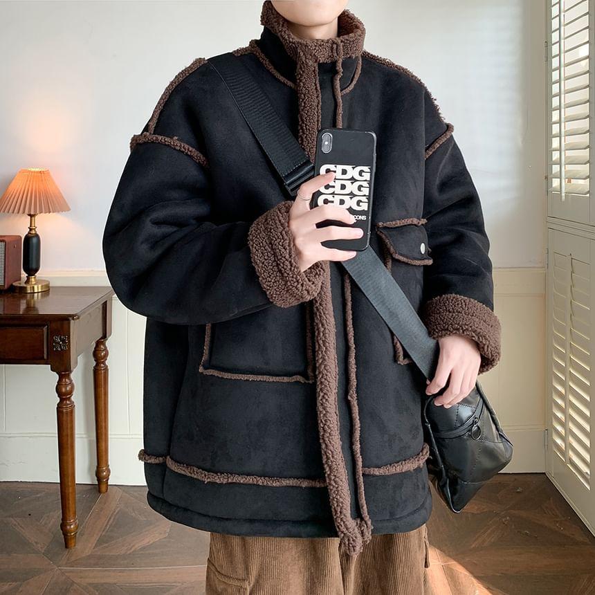 Stand Collar Faux Shearling Zip Jacket Product Image
