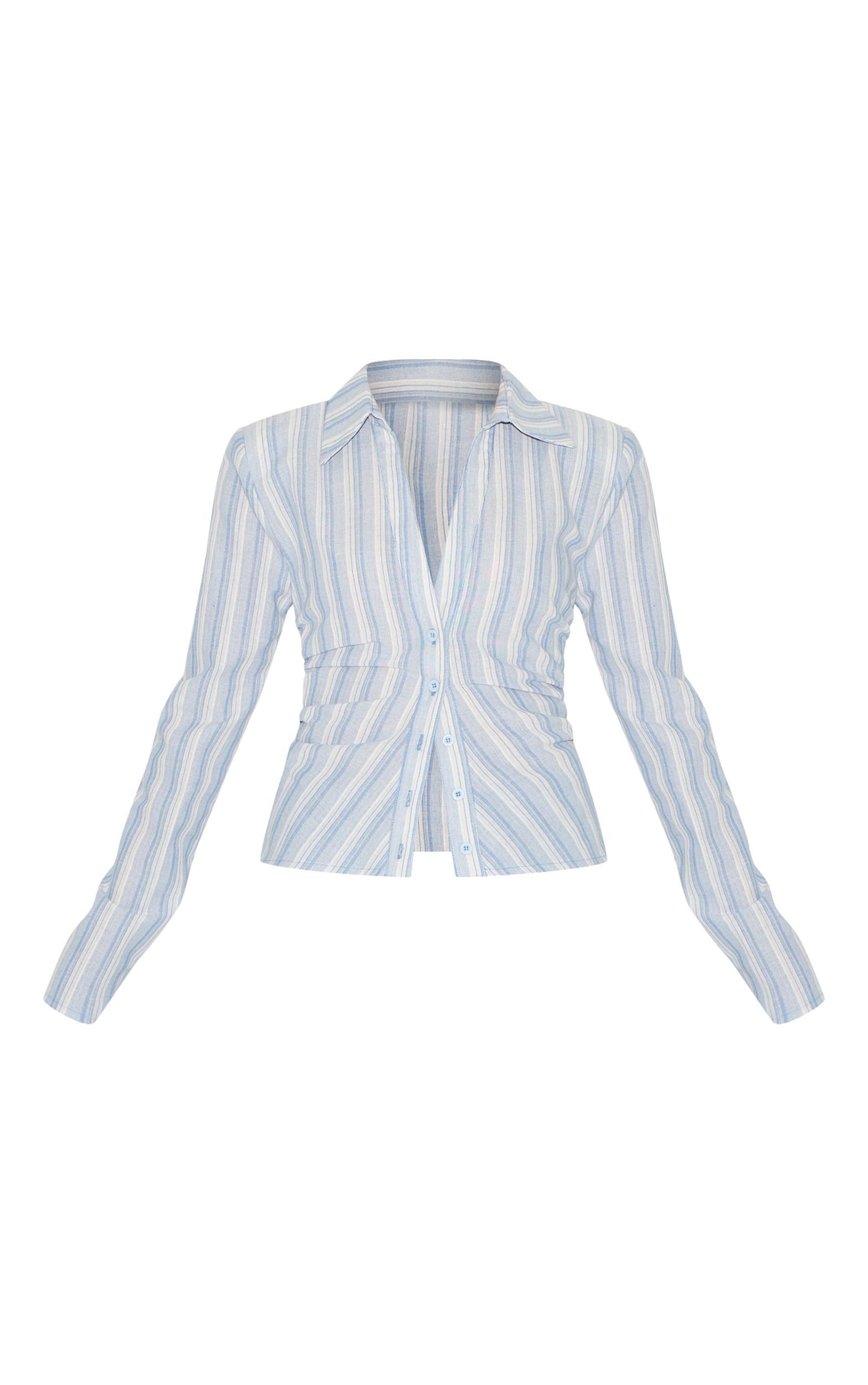 Petite Blue Stripe Linen Look Shoulder Padded Fitted Shirt Product Image