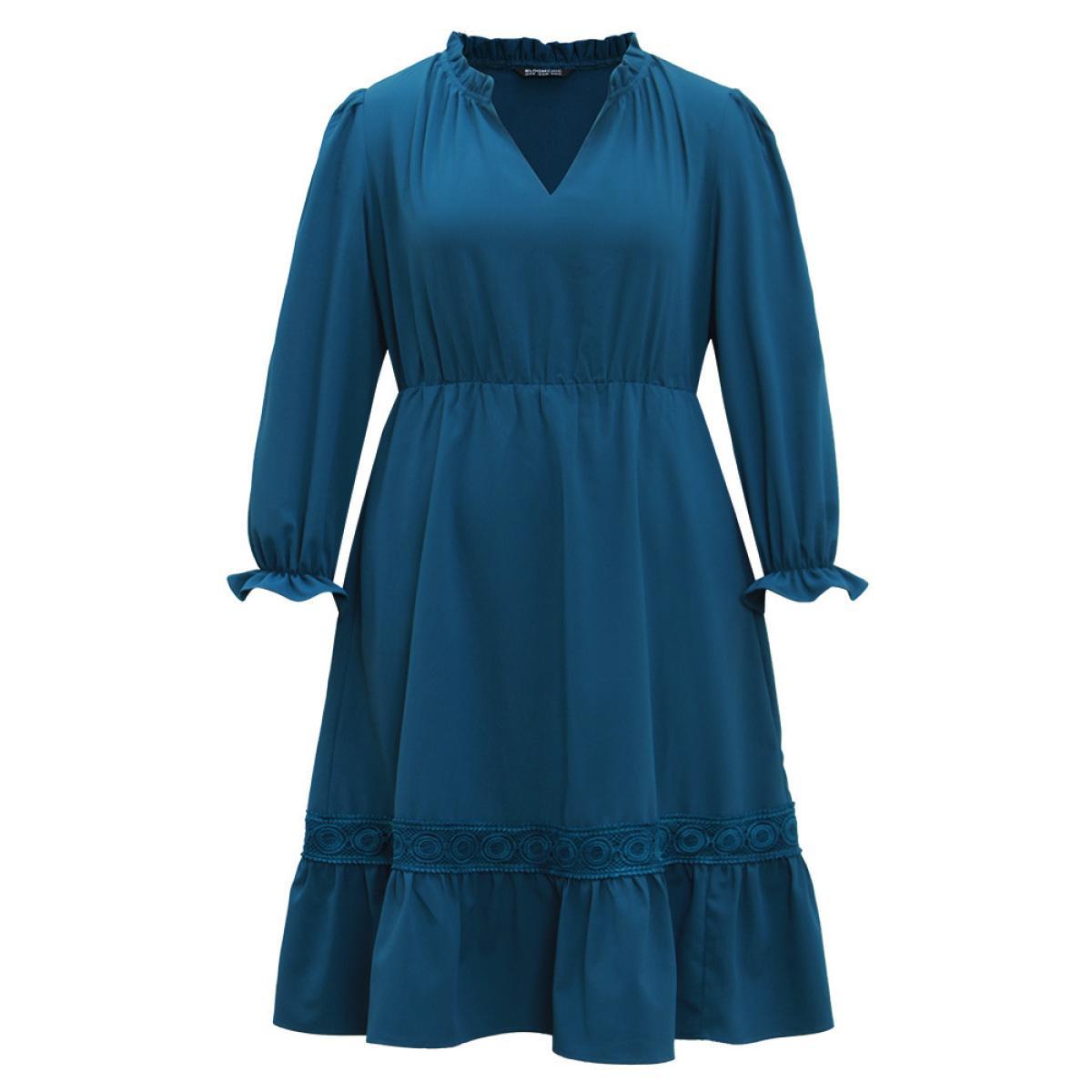 Plus Size Solid Frill Trim Guipure Lace Flutter Sleeve Dress Aegean Women At the Office Plain Notched collar Long Sleeve Curvy Midi Dress BloomChic 22-24/3X Product Image