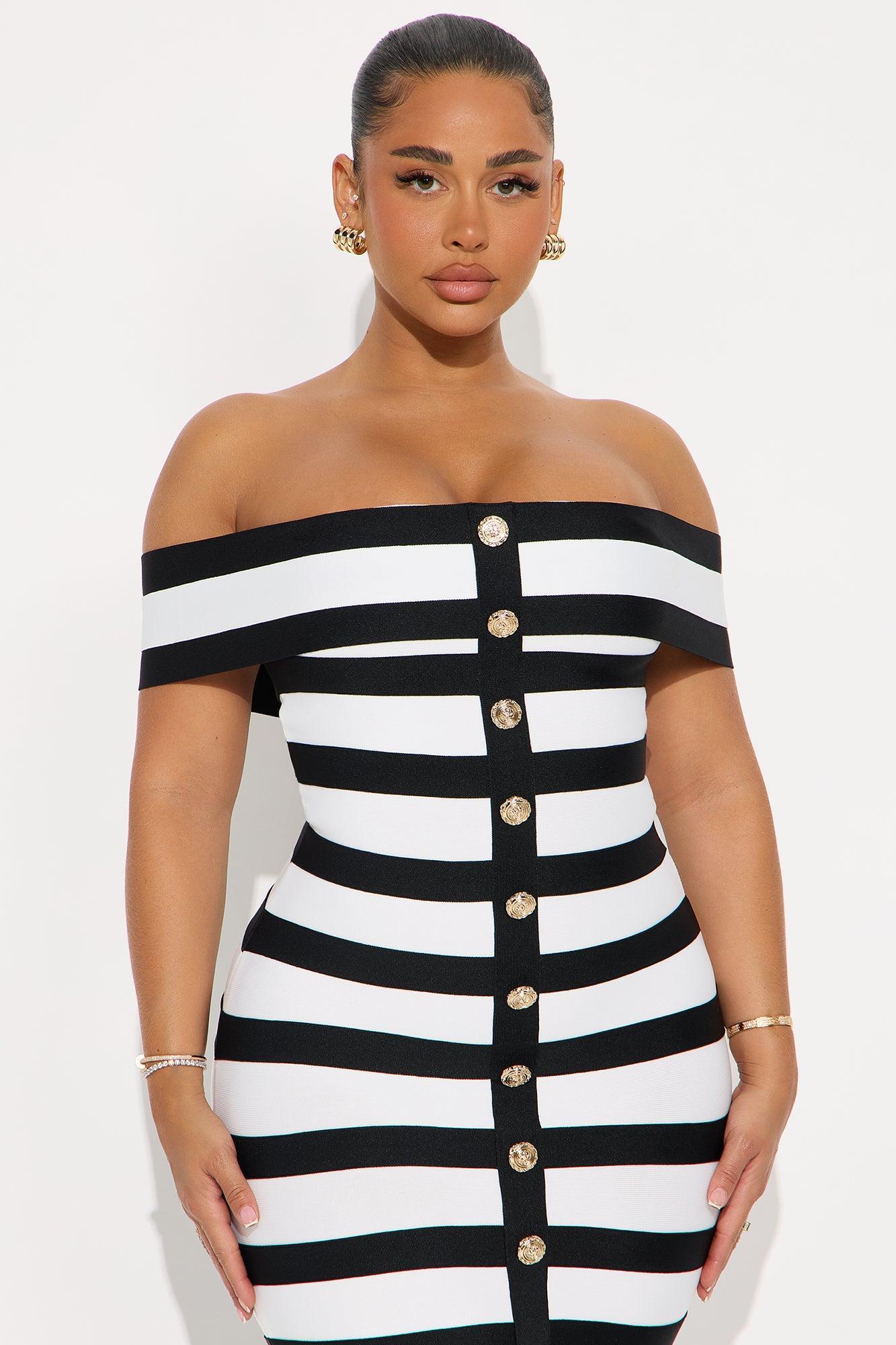 Zaria Striped Bandage Midi Dress - Black/White Female Product Image