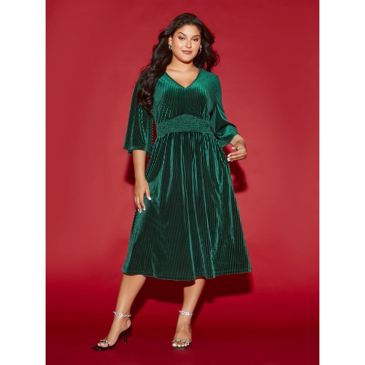 Plus Size Velvet V-neck Ruched Skirt Midi Dress Cyan Women Cocktail Texture Party Curvy Bloomchic 10/M Product Image