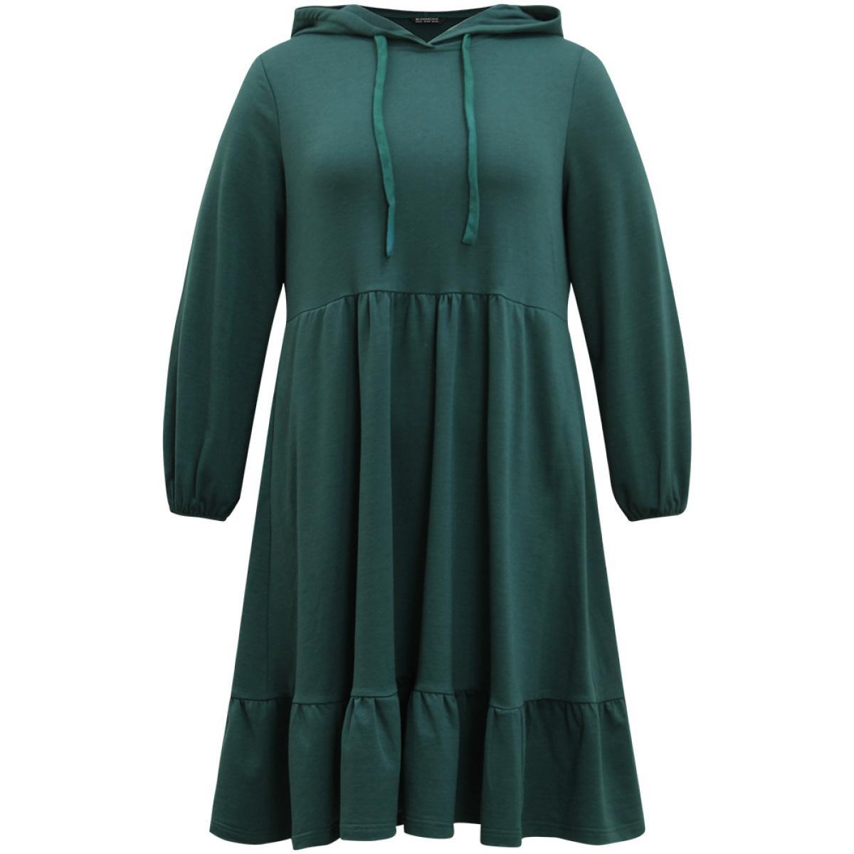 Plus Size Hooded Lantern Sleeve Flutter Hem Dress Scarlet Women Casual Elastic cuffs Hooded Long Sleeve Curvy Midi Dress BloomChic 28/5X Product Image