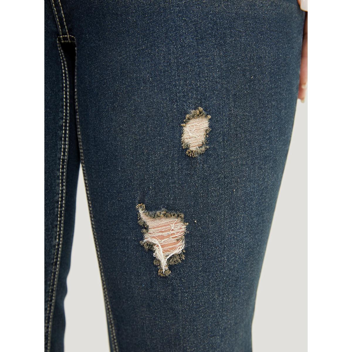 Plus Size Very Stretchy High Rise Dark Wash Distressed Stitch Jeans Women Midnight Casual Plain Roll Hem High stretch Jeans BloomChic 28/5X Product Image