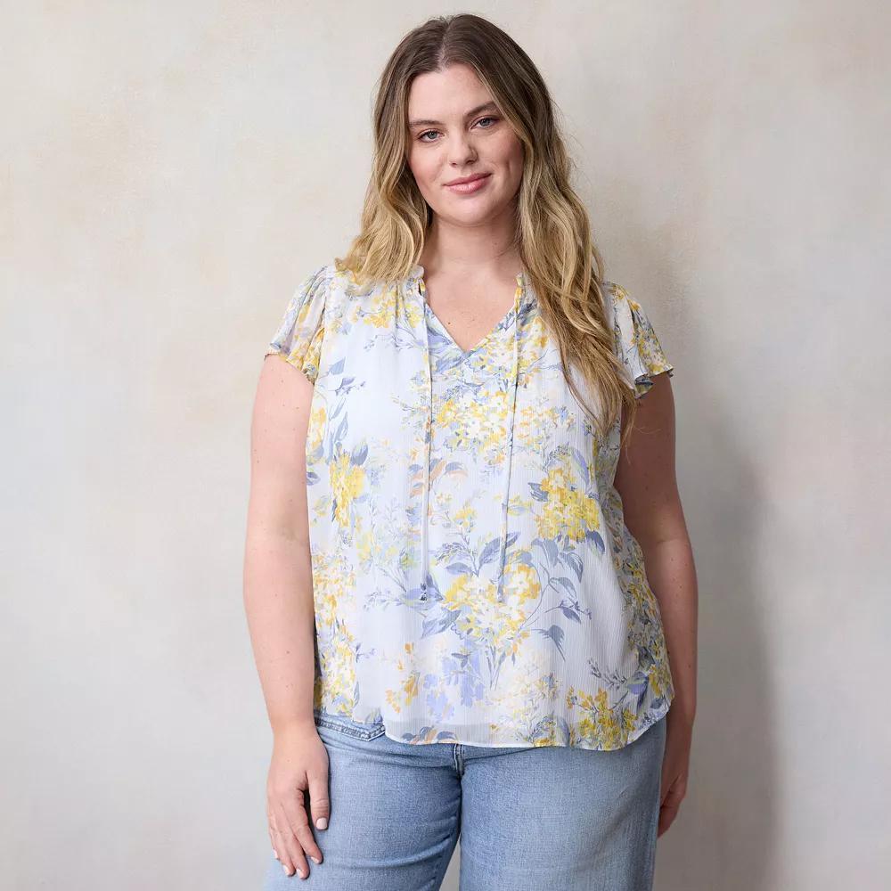 Plus Size LC Lauren Conrad Tie Front Ruffled V-Neck Shell, Women's, Size: 2XL, Blue Florabelles Product Image