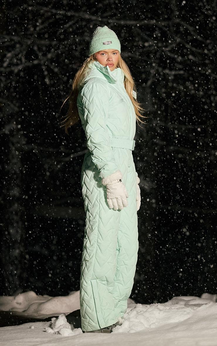 PRETTYLITTLETHING SKI Mint Chevron Quilted Belted Snow Suit Product Image