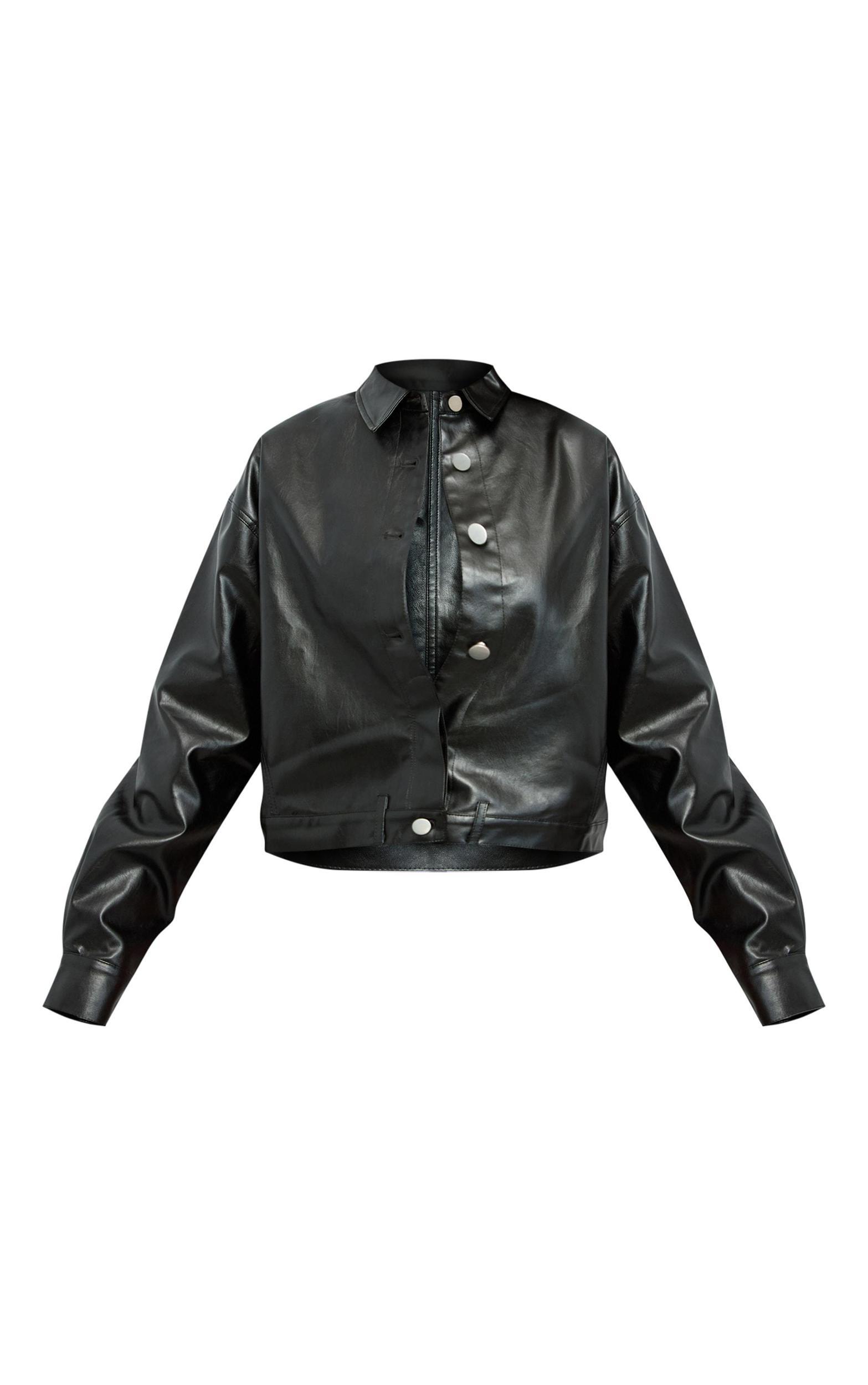 Black Faux Leather Upside Down Pocket Jacket Product Image