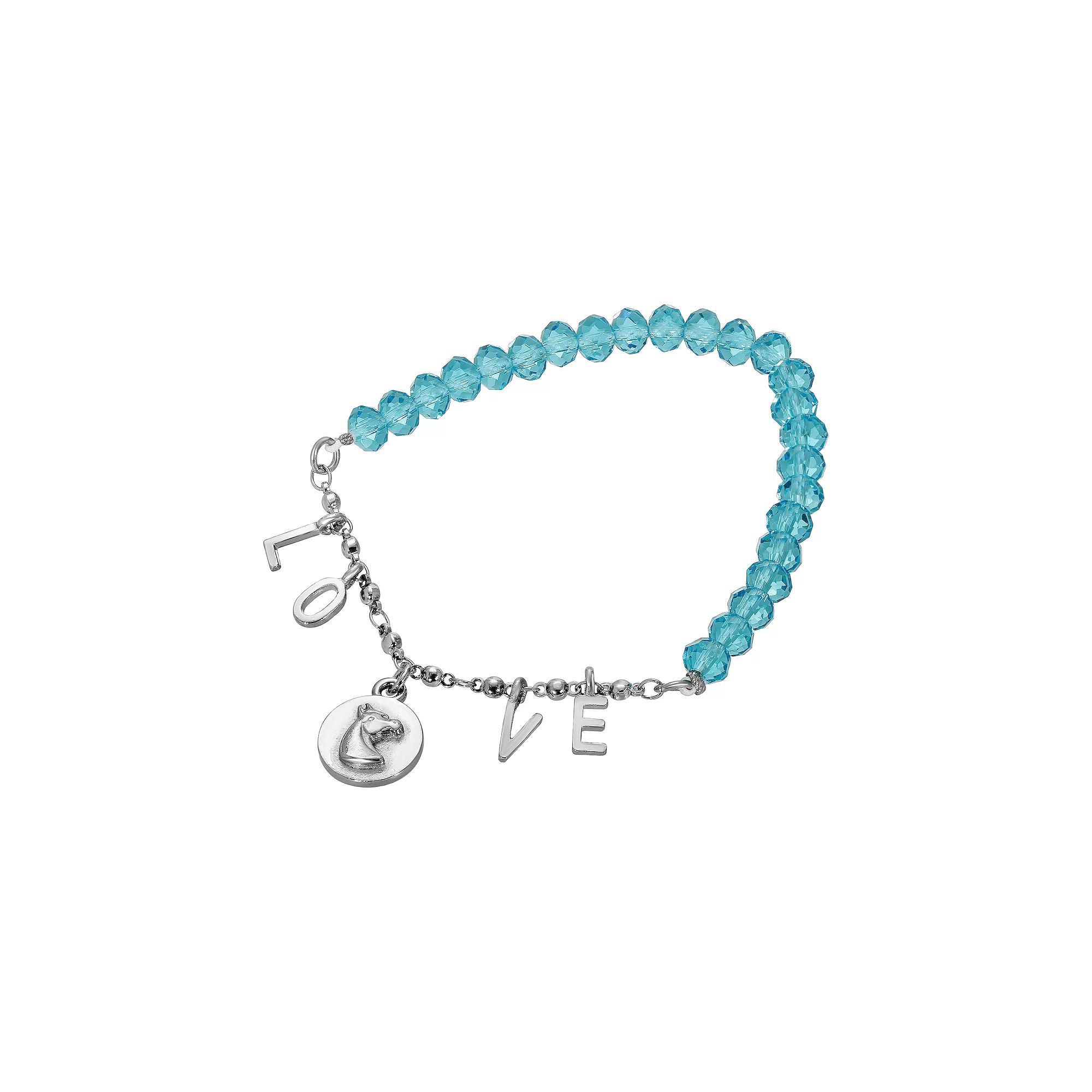 1928 Silver Tone Aqua Beads with Love and Horse Head Bracelet, Womens, Green Product Image