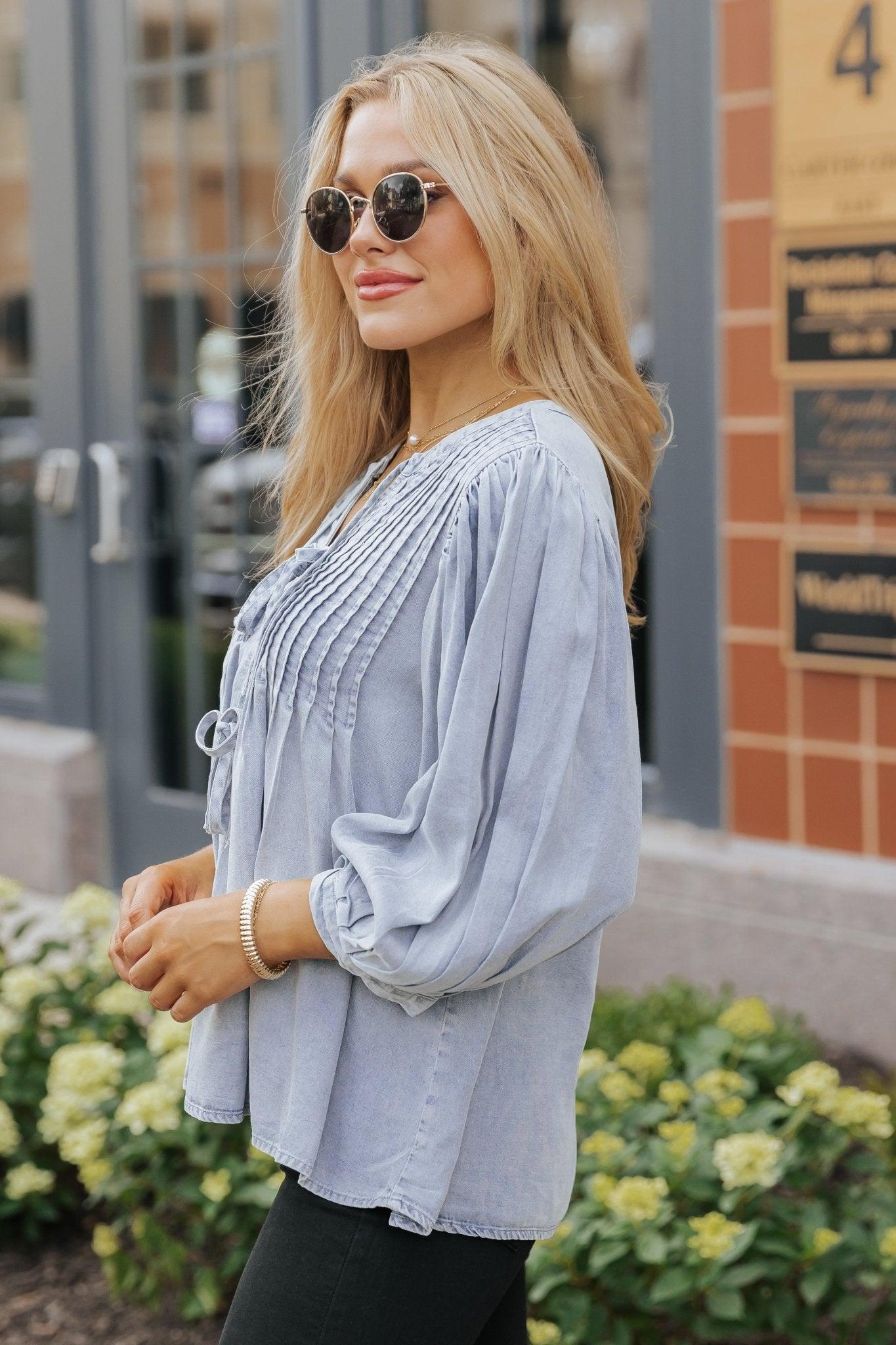Denim Tie Detail Textured Top - FINAL SALE Female Product Image
