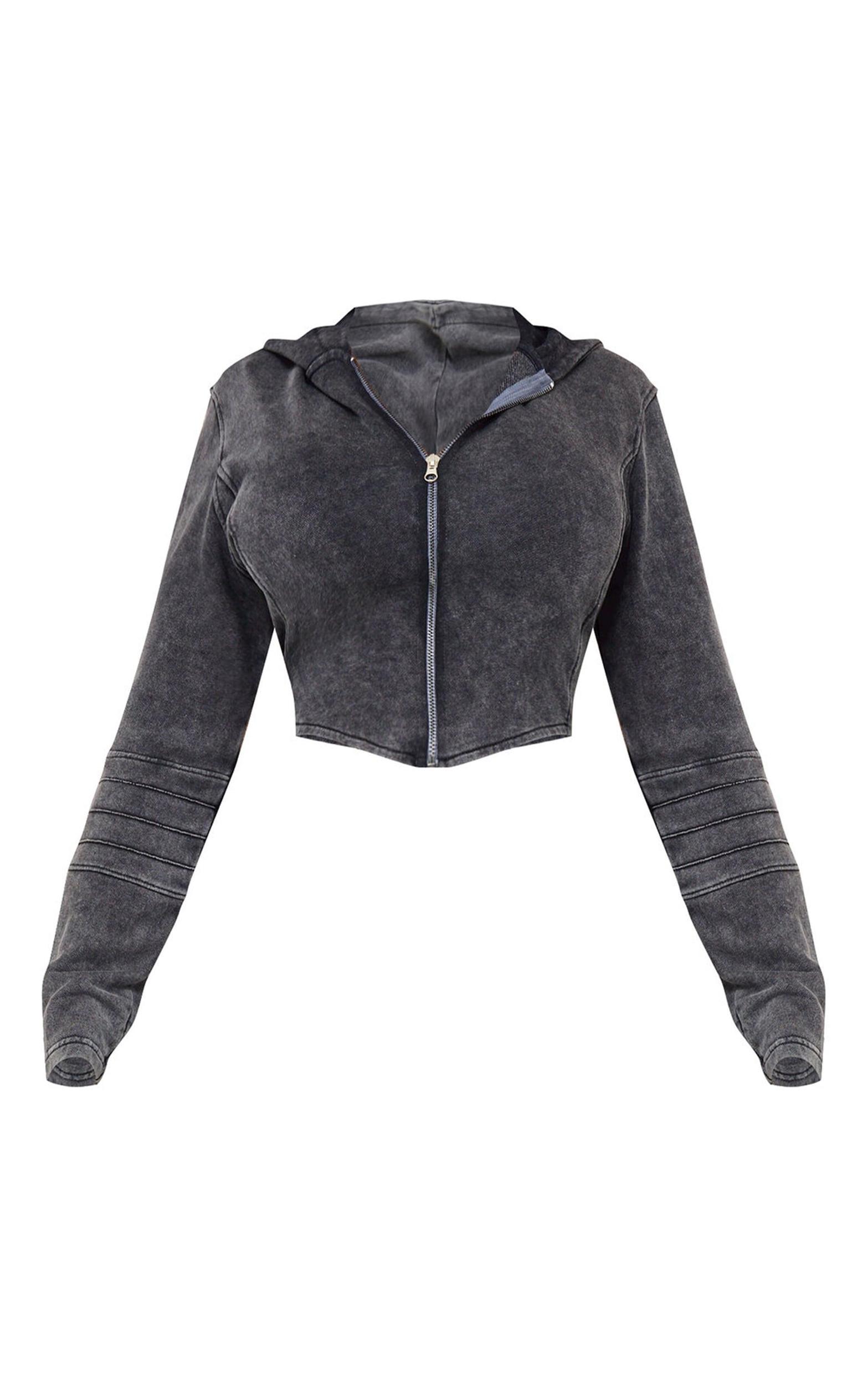 Plus Charcoal Washed Seam Detail Zip Up Corset Hoodie Product Image