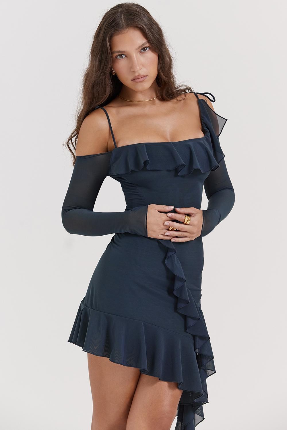 Kiki French Navy Ruffle Mini Dress Product Image