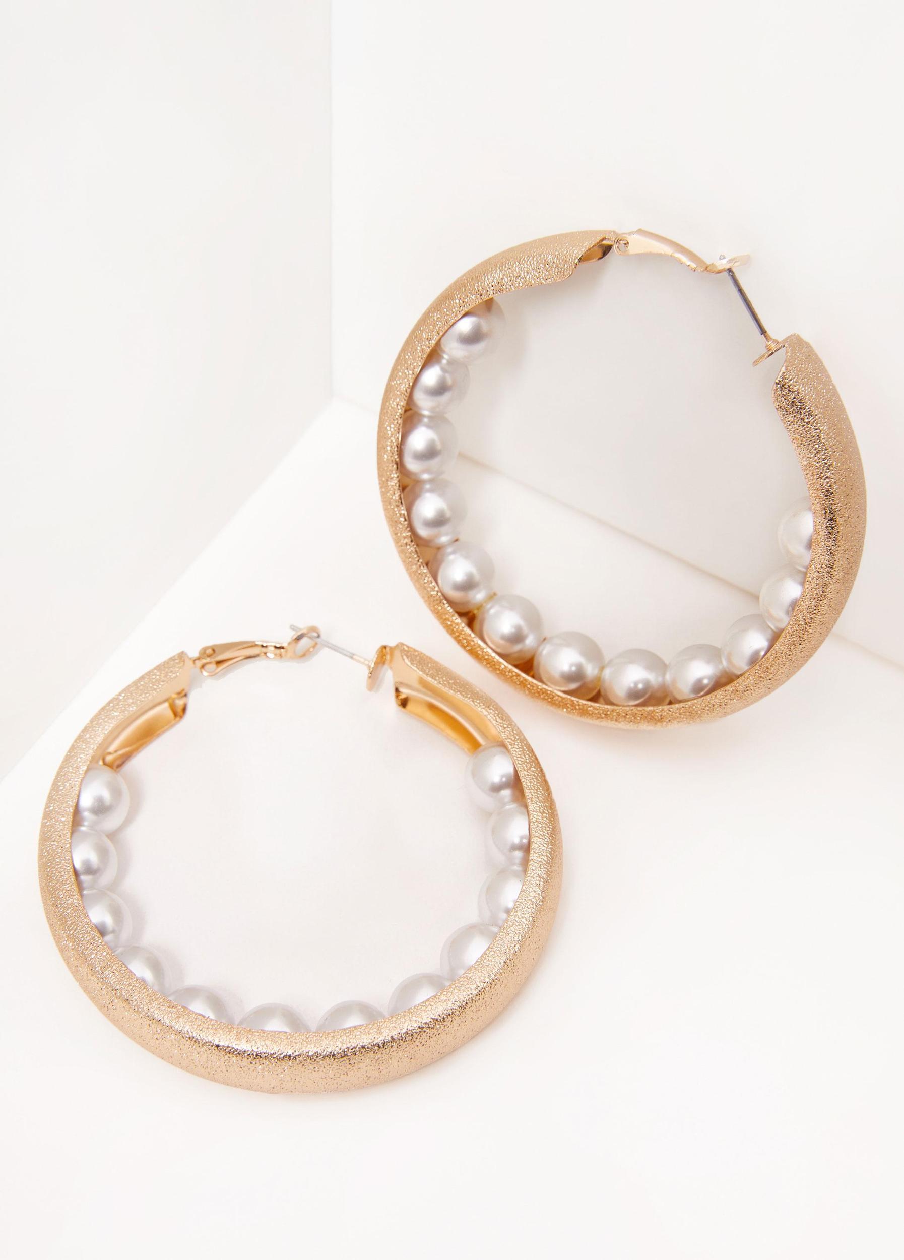 Faux Pearl Textured Hoop Earrings Product Image