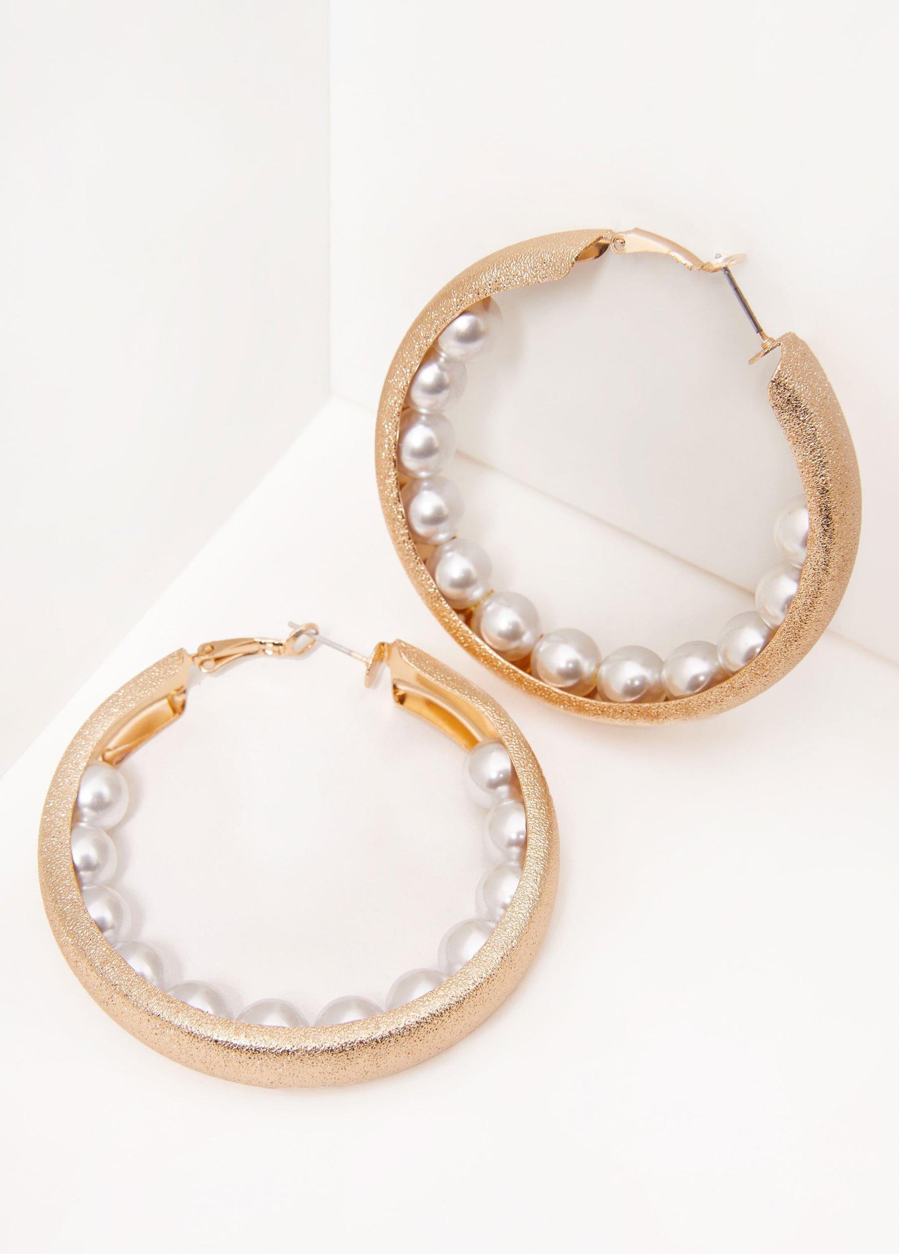 Faux Pearl Textured Hoop Earrings Product Image